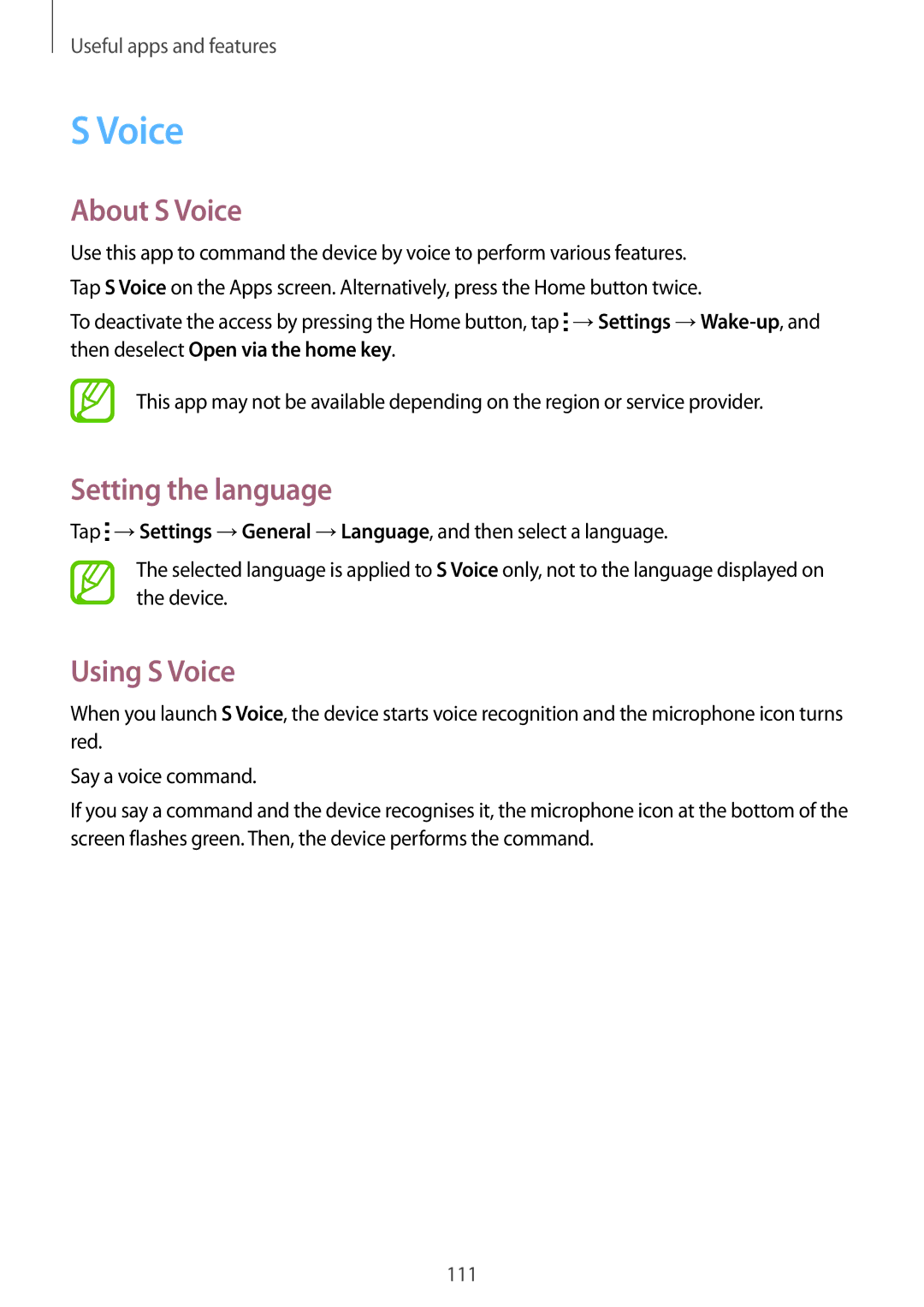 Samsung SM-T805NZWACAC, SM-T805NZWAXEO, SM-T805NZWAATO manual About S Voice, Setting the language, Using S Voice 