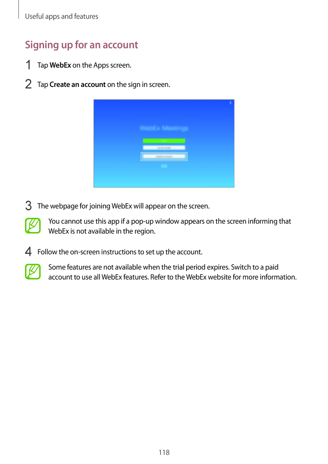 Samsung SM-T805NZWATHR, SM-T805NZWAXEO, SM-T805NZWAATO, SM-T805NTSAATO, SM-T805NZWADBT manual Signing up for an account 