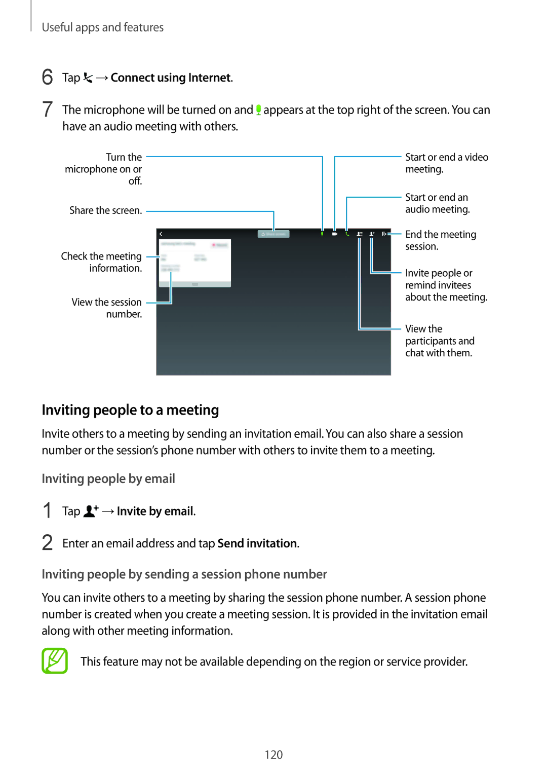 Samsung SM-T805NTSACAC, SM-T805NZWAXEO manual Inviting people to a meeting, Tap →Connect using Internet, →Invite by email 