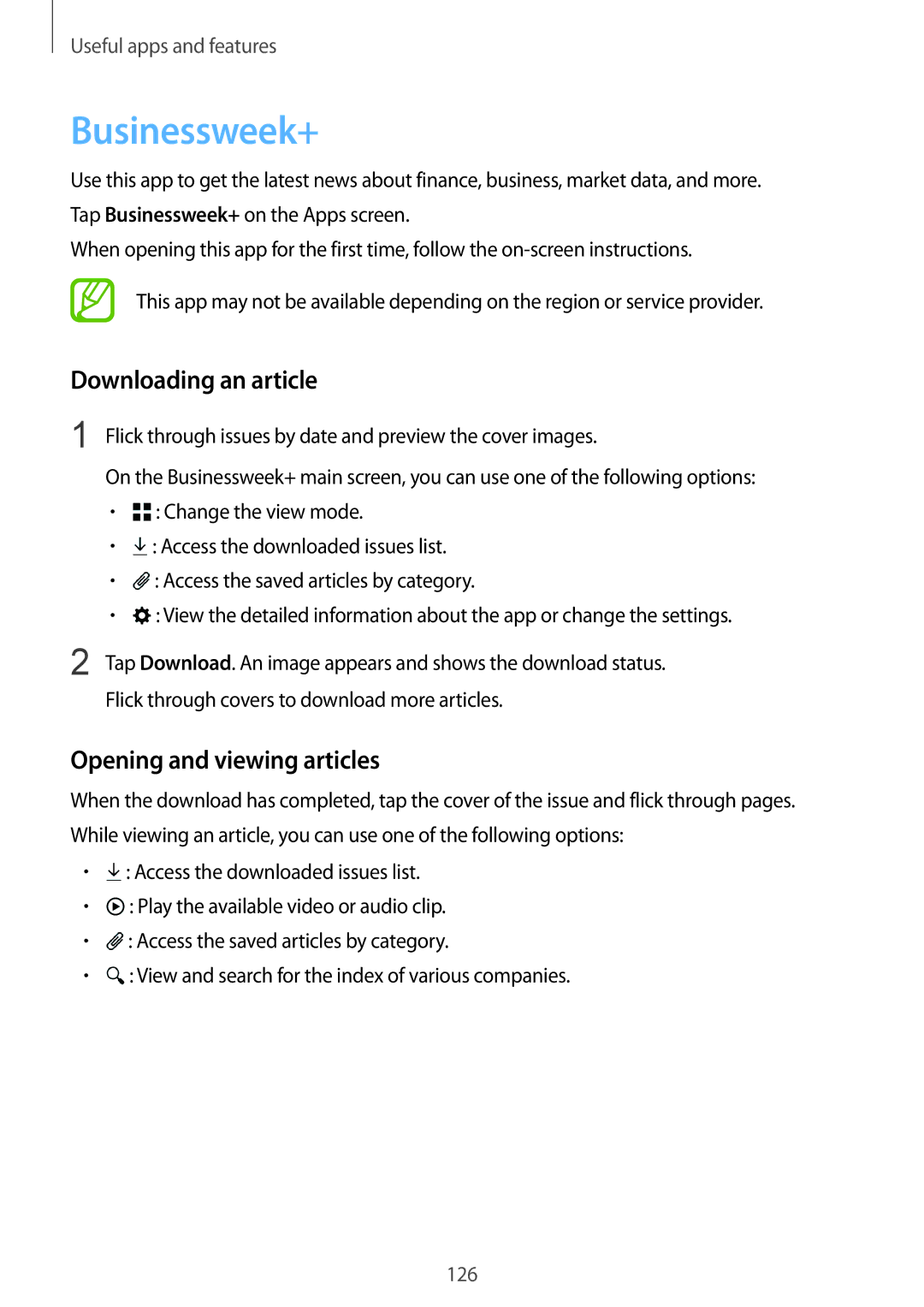 Samsung SM-T805NTSABGL, SM-T805NZWAXEO, SM-T805NZWAATO Businessweek+, Downloading an article, Opening and viewing articles 