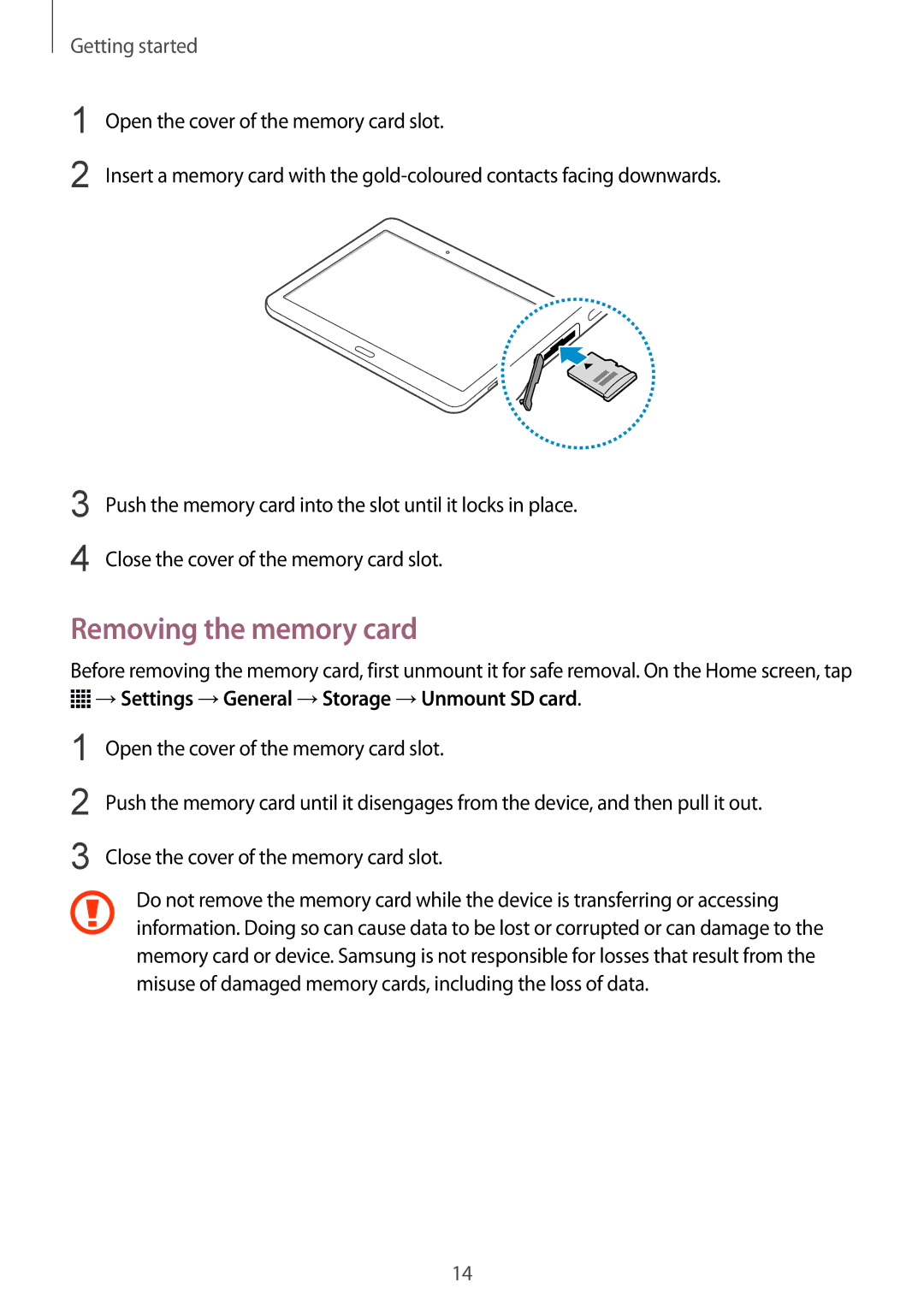 Samsung SM-T805NTSAXEF, SM-T805NZWAXEO manual Removing the memory card, →Settings →General →Storage →Unmount SD card 