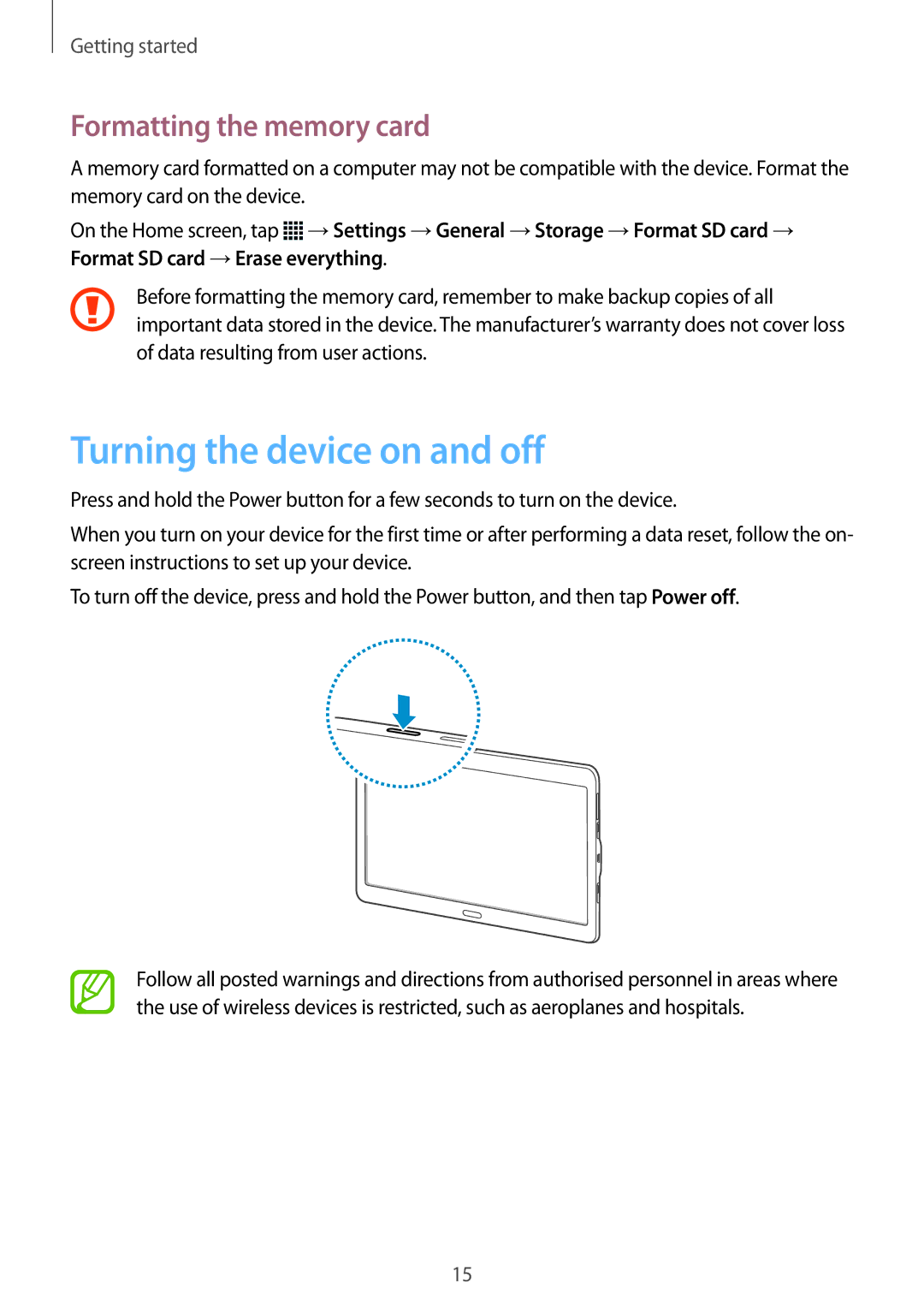 Samsung SM-T805NTSAITV, SM-T805NZWAXEO, SM-T805NZWAATO manual Turning the device on and off, Formatting the memory card 