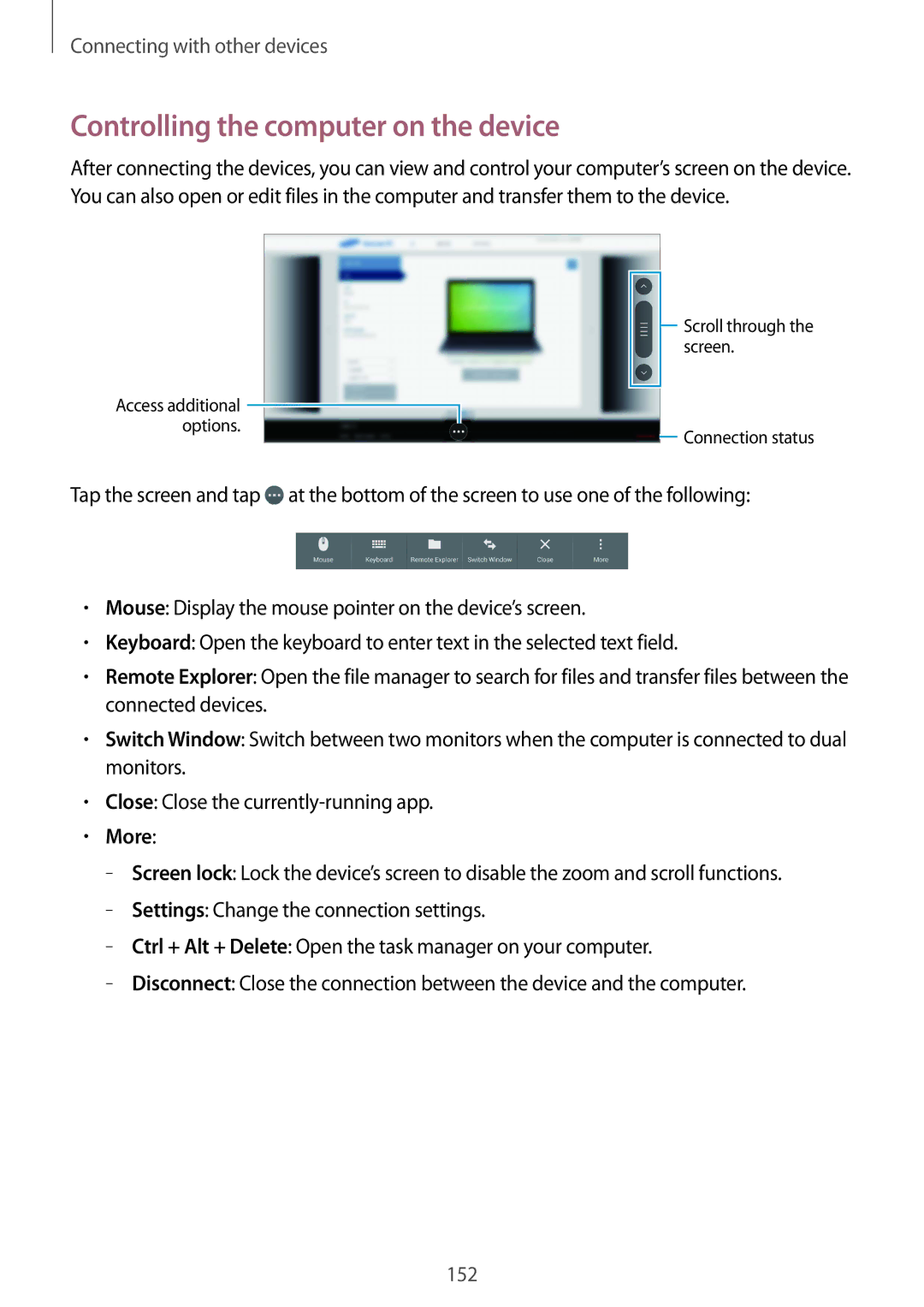 Samsung SM-T805NZWASER, SM-T805NZWAXEO, SM-T805NZWAATO, SM-T805NTSAATO manual Controlling the computer on the device, More 