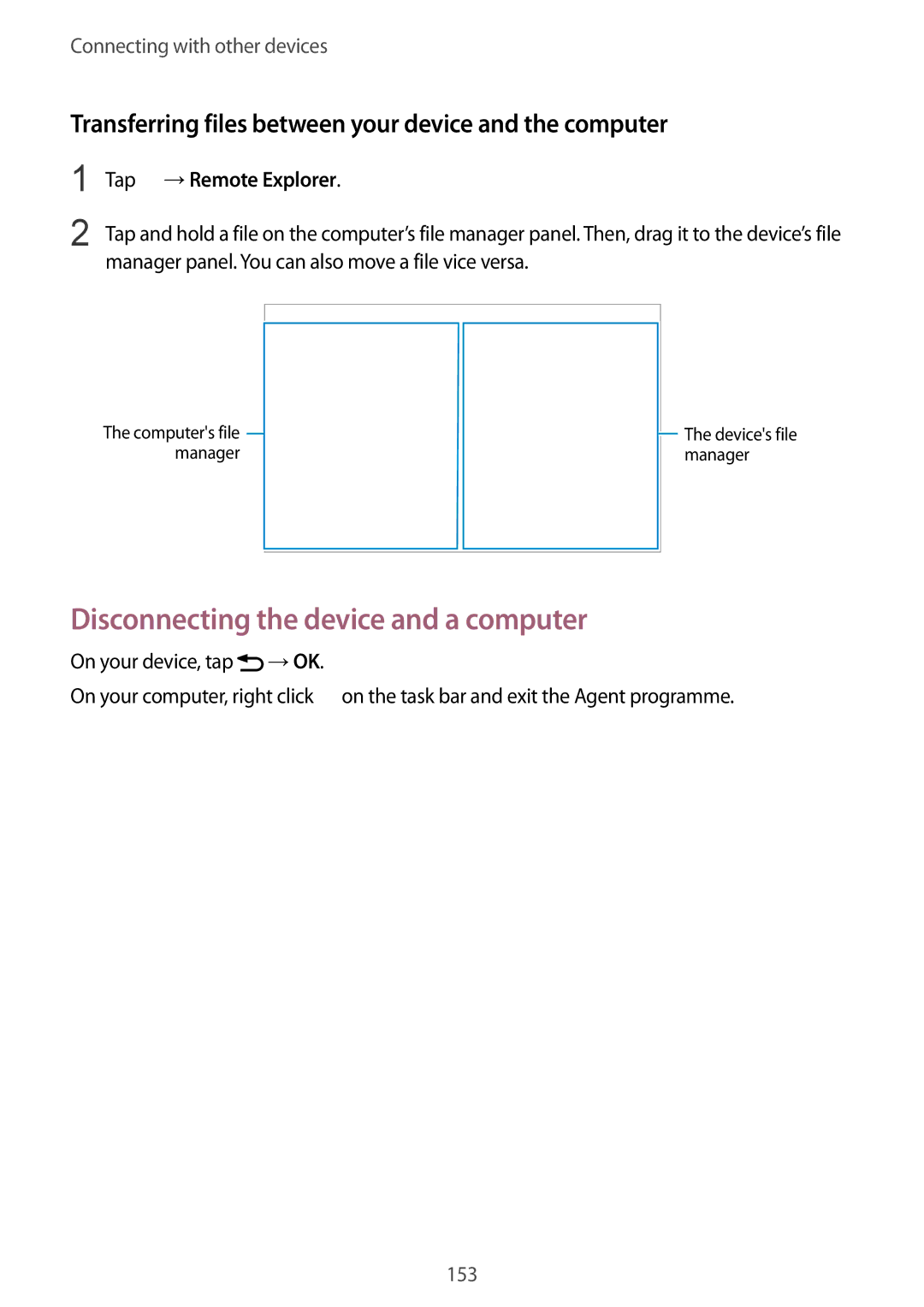 Samsung SM-T805NHAASER Disconnecting the device and a computer, Transferring files between your device and the computer 