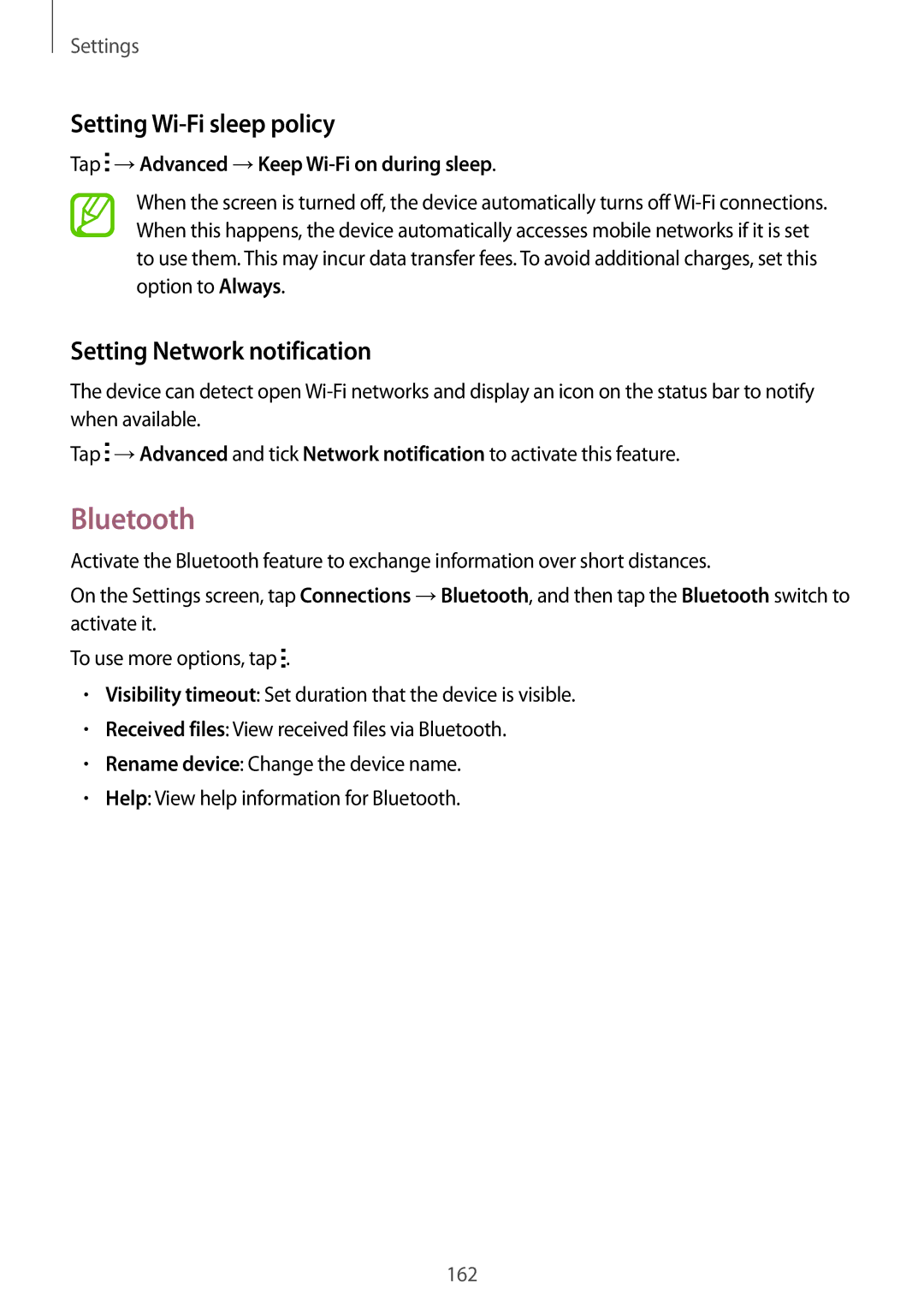 Samsung SM-T805NTSADBT, SM-T805NZWAXEO, SM-T805NZWAATO Bluetooth, Setting Wi-Fi sleep policy, Setting Network notification 