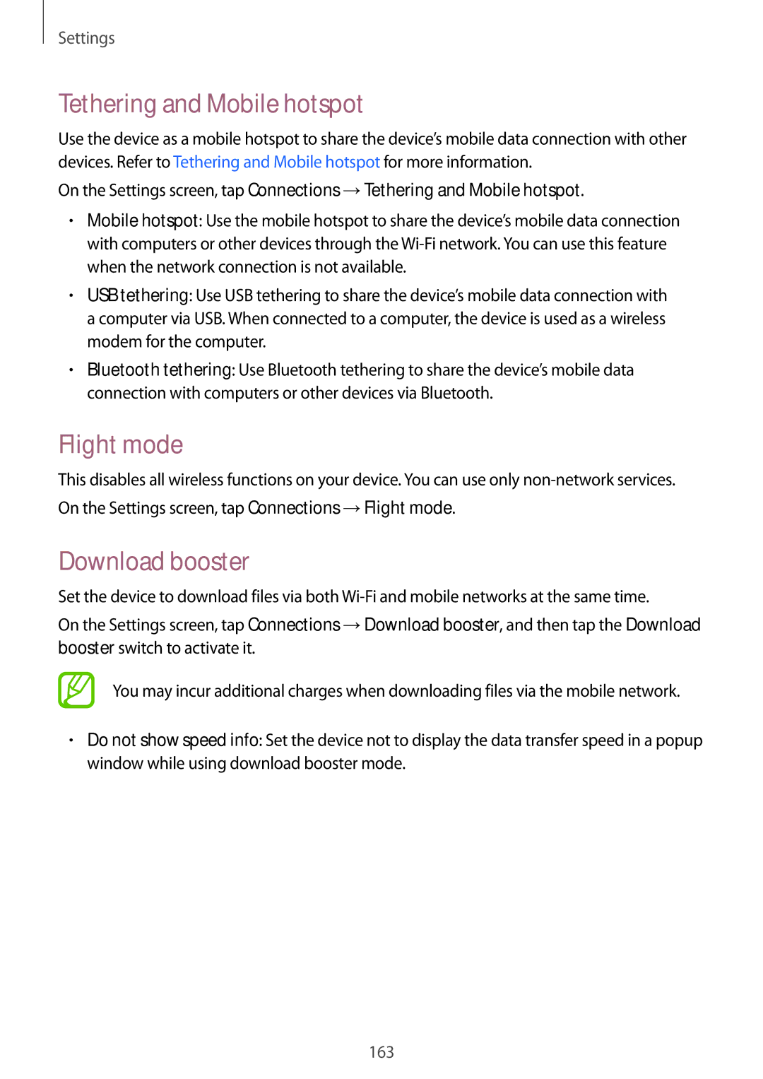 Samsung SM-T805NHAADBT, SM-T805NZWAXEO, SM-T805NZWAATO manual Tethering and Mobile hotspot, Flight mode, Download booster 