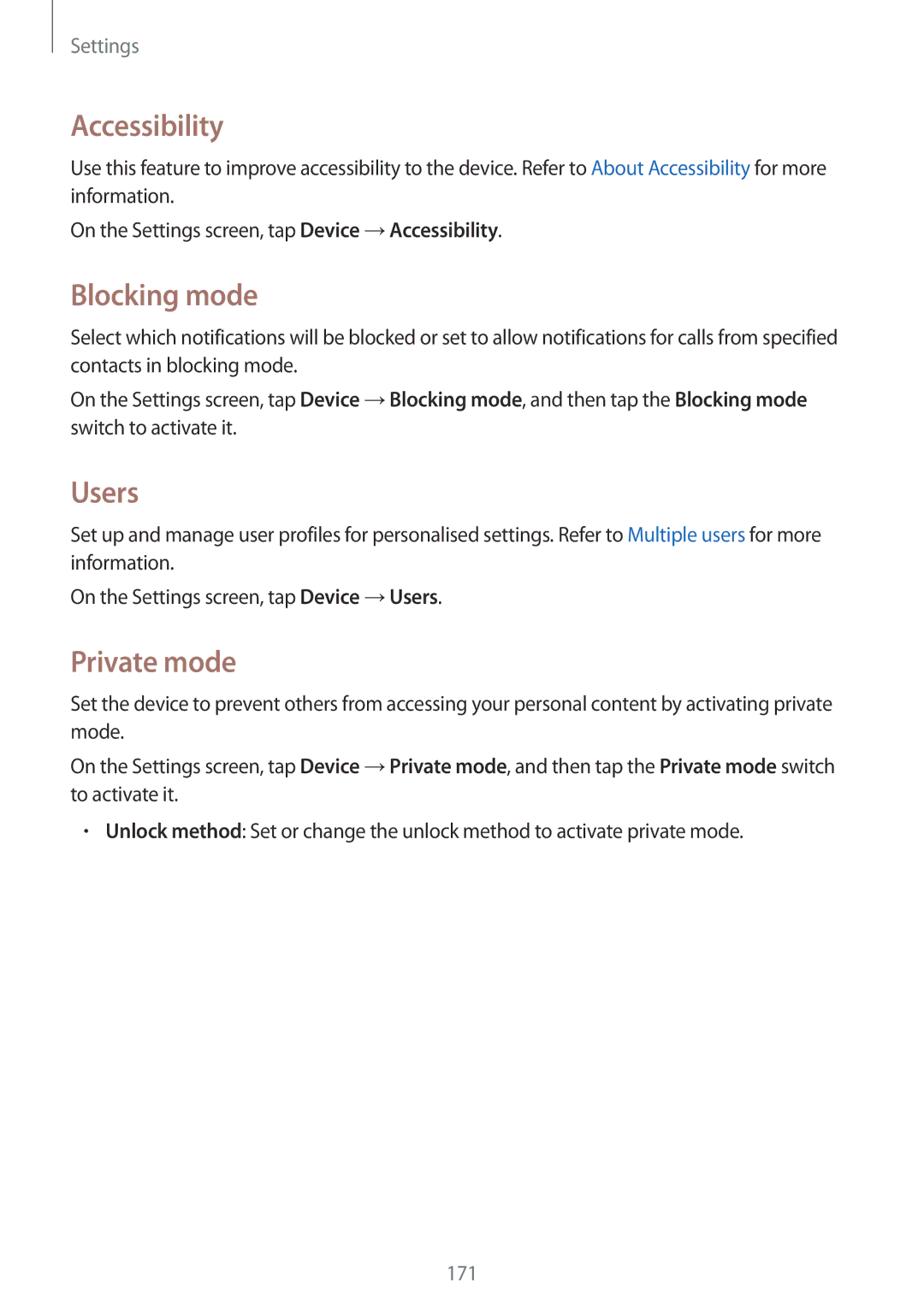 Samsung SM-T805NZWAHUI, SM-T805NZWAXEO, SM-T805NZWAATO, SM-T805NTSAATO Accessibility, Blocking mode, Users, Private mode 