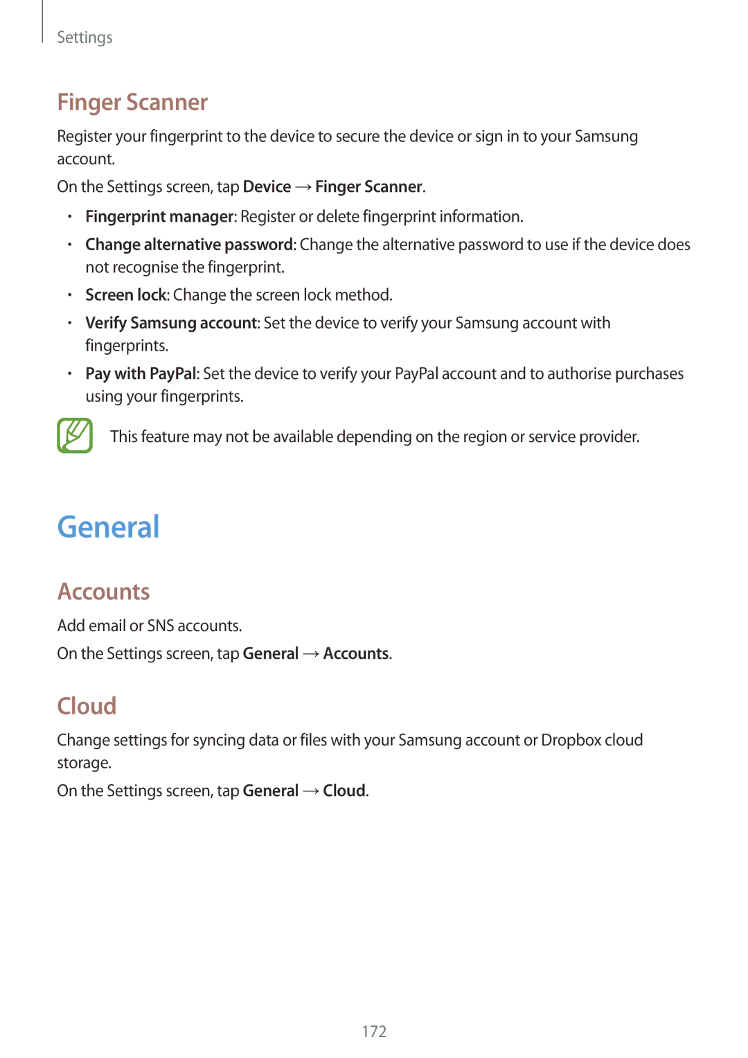Samsung SM-T805NTSAOMN, SM-T805NZWAXEO, SM-T805NZWAATO, SM-T805NTSAATO manual General, Finger Scanner, Accounts, Cloud 