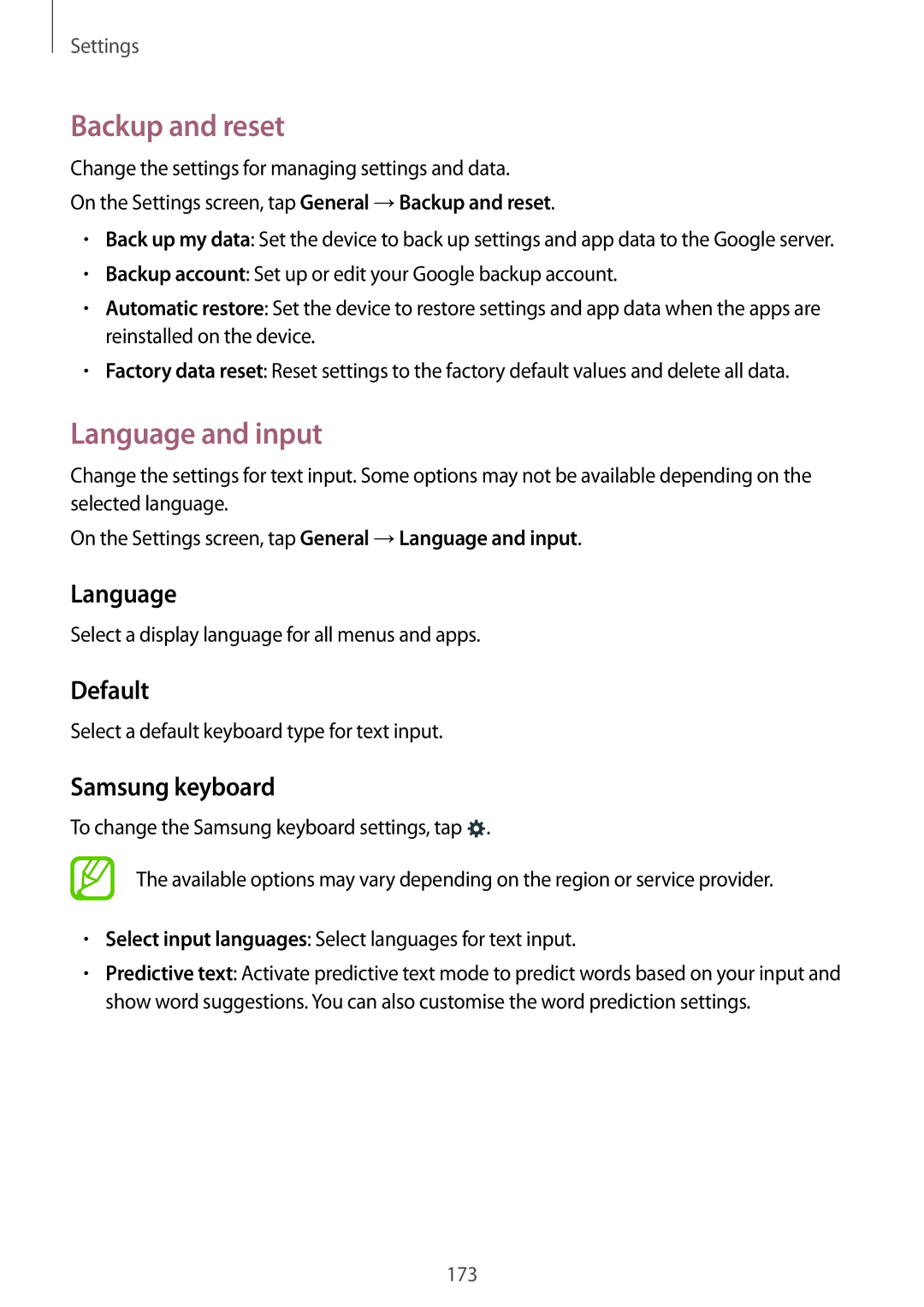 Samsung SM-T805NTSATIM, SM-T805NZWAXEO, SM-T805NZWAATO manual Backup and reset, Language and input, Default, Samsung keyboard 