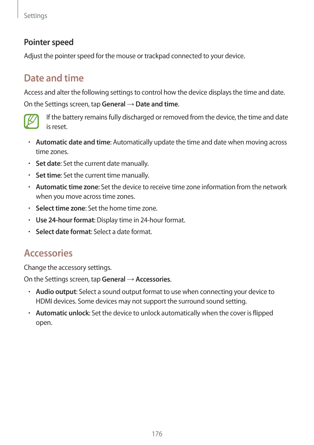 Samsung SM-T805NTSAPHE, SM-T805NZWAXEO, SM-T805NZWAATO, SM-T805NTSAATO manual Date and time, Accessories, Pointer speed 