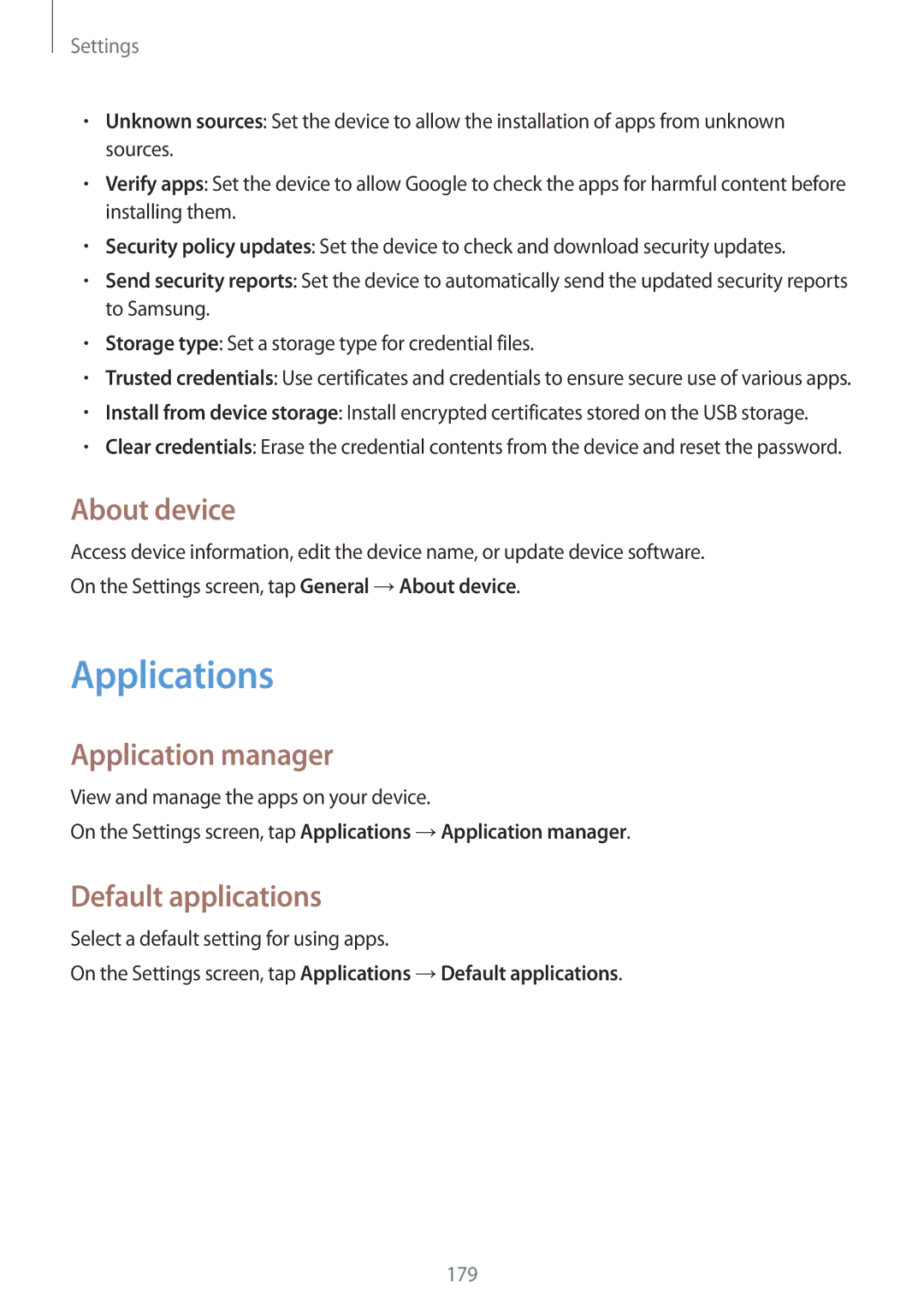 Samsung SM-T805NTSAKSA, SM-T805NZWAXEO manual Applications, About device, Application manager, Default applications 