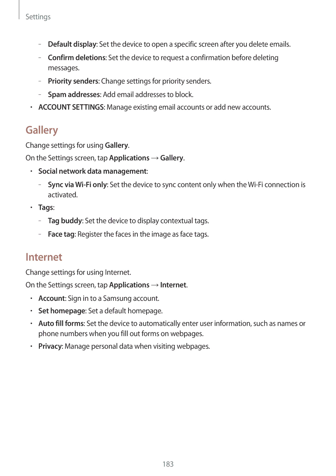 Samsung SM-T805NTSALYS, SM-T805NZWAXEO, SM-T805NZWAATO manual Gallery, Internet, Social network data management, Tags 