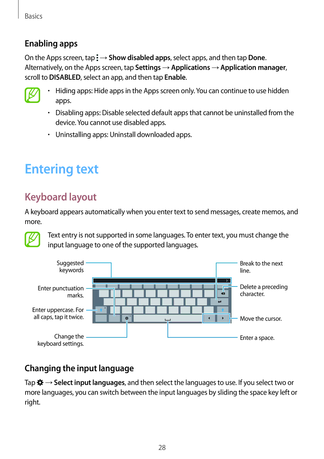 Samsung SM-T805NTSAECT, SM-T805NZWAXEO manual Entering text, Keyboard layout, Enabling apps, Changing the input language 