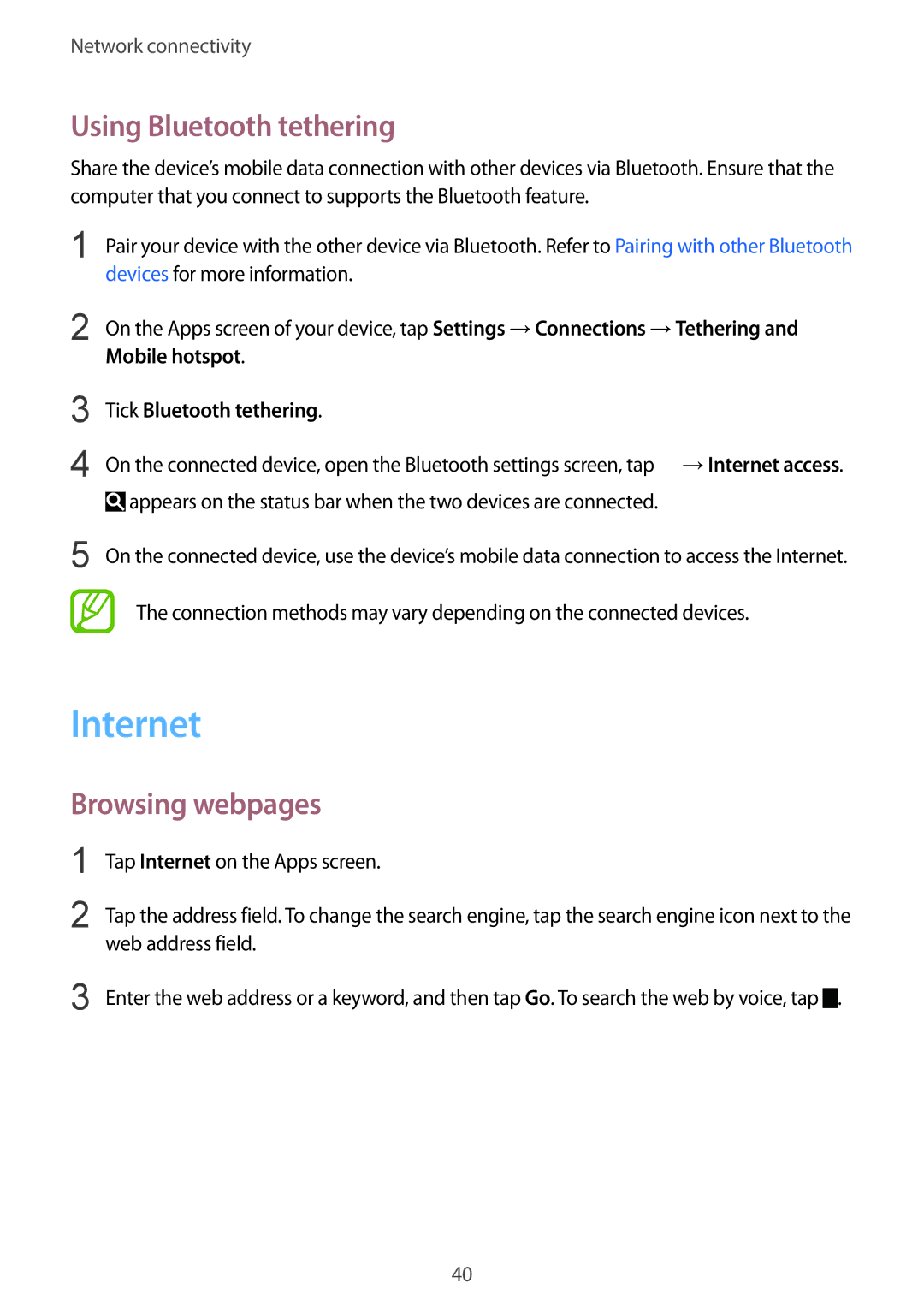 Samsung SM-T805NZWABTC Internet, Using Bluetooth tethering, Browsing webpages, Mobile hotspot Tick Bluetooth tethering 