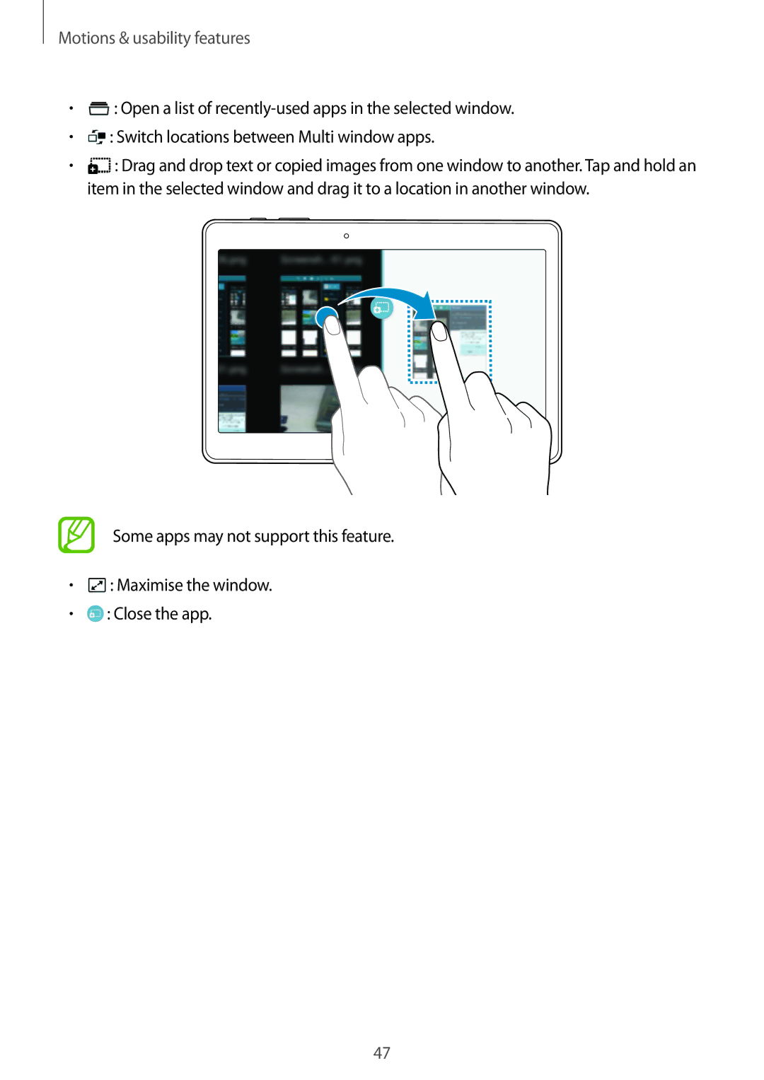 Samsung SM-T805NTSAXXV, SM-T805NZWAXEO, SM-T805NZWAATO, SM-T805NTSAATO, SM-T805NZWADBT manual Motions & usability features 