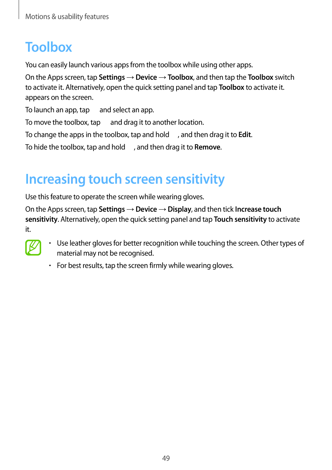 Samsung SM-T805NTSABGL, SM-T805NZWAXEO, SM-T805NZWAATO, SM-T805NTSAATO manual Toolbox, Increasing touch screen sensitivity 