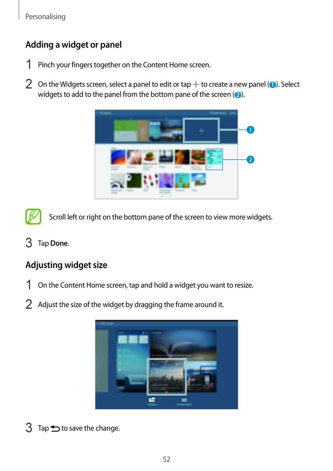 Samsung SM-T805NTSACRO, SM-T805NZWAXEO, SM-T805NZWAATO, SM-T805NTSAATO Adding a widget or panel, Adjusting widget size, Tap 