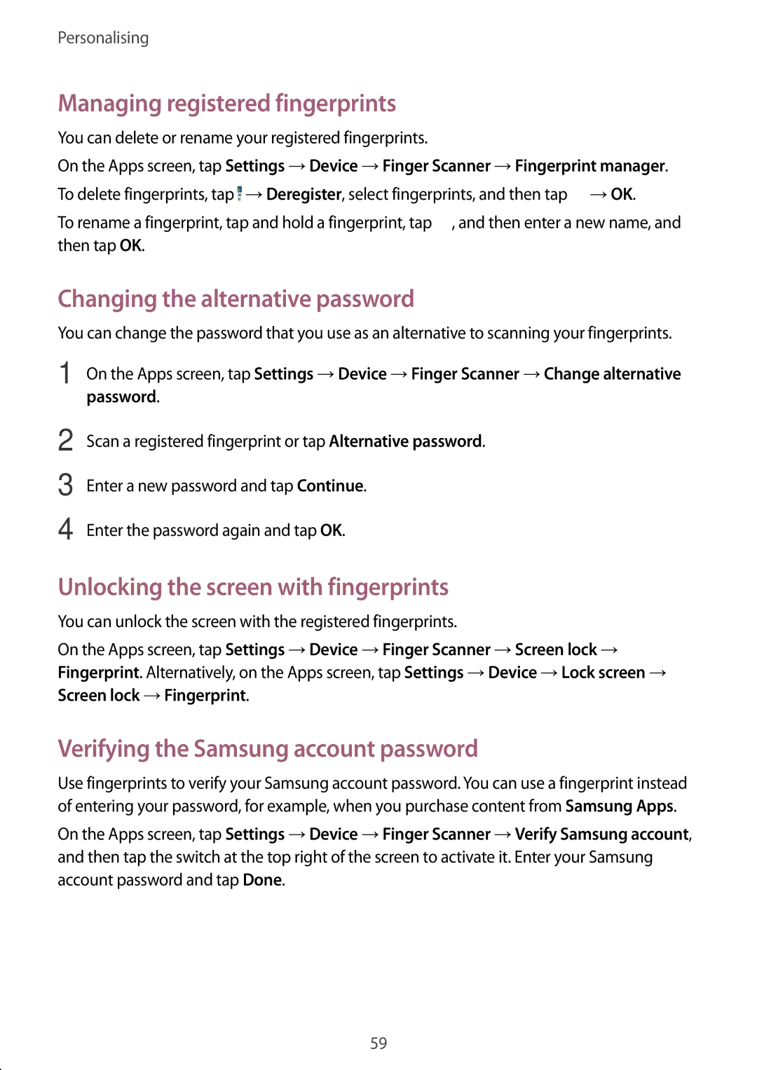 Samsung SM-T805NTSAXEZ, SM-T805NZWAXEO, SM-T805NZWAATO Managing registered fingerprints, Changing the alternative password 