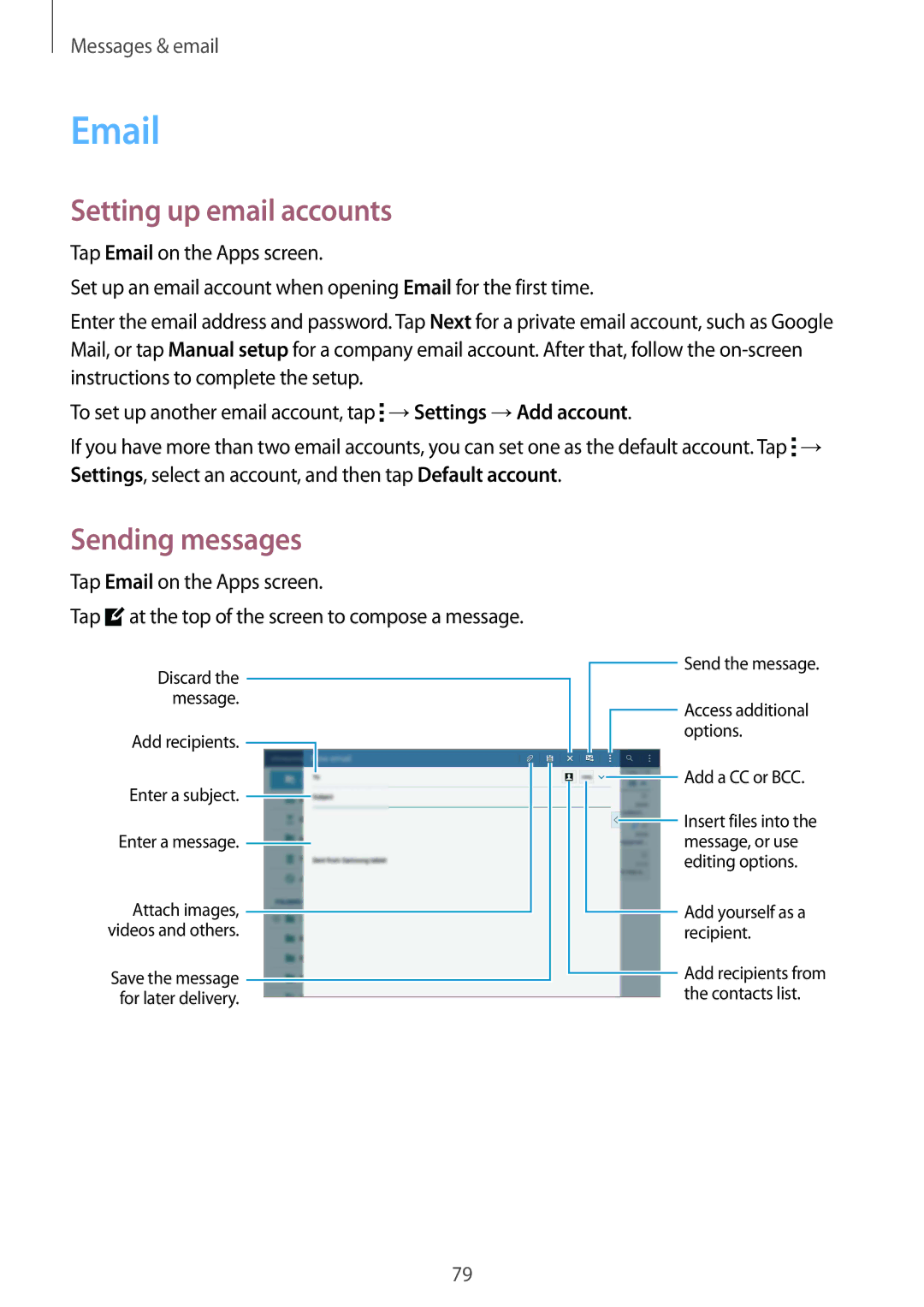 Samsung SM-T805NTSAATO, SM-T805NZWAXEO, SM-T805NZWAATO manual Setting up email accounts, Tap Email on the Apps screen 