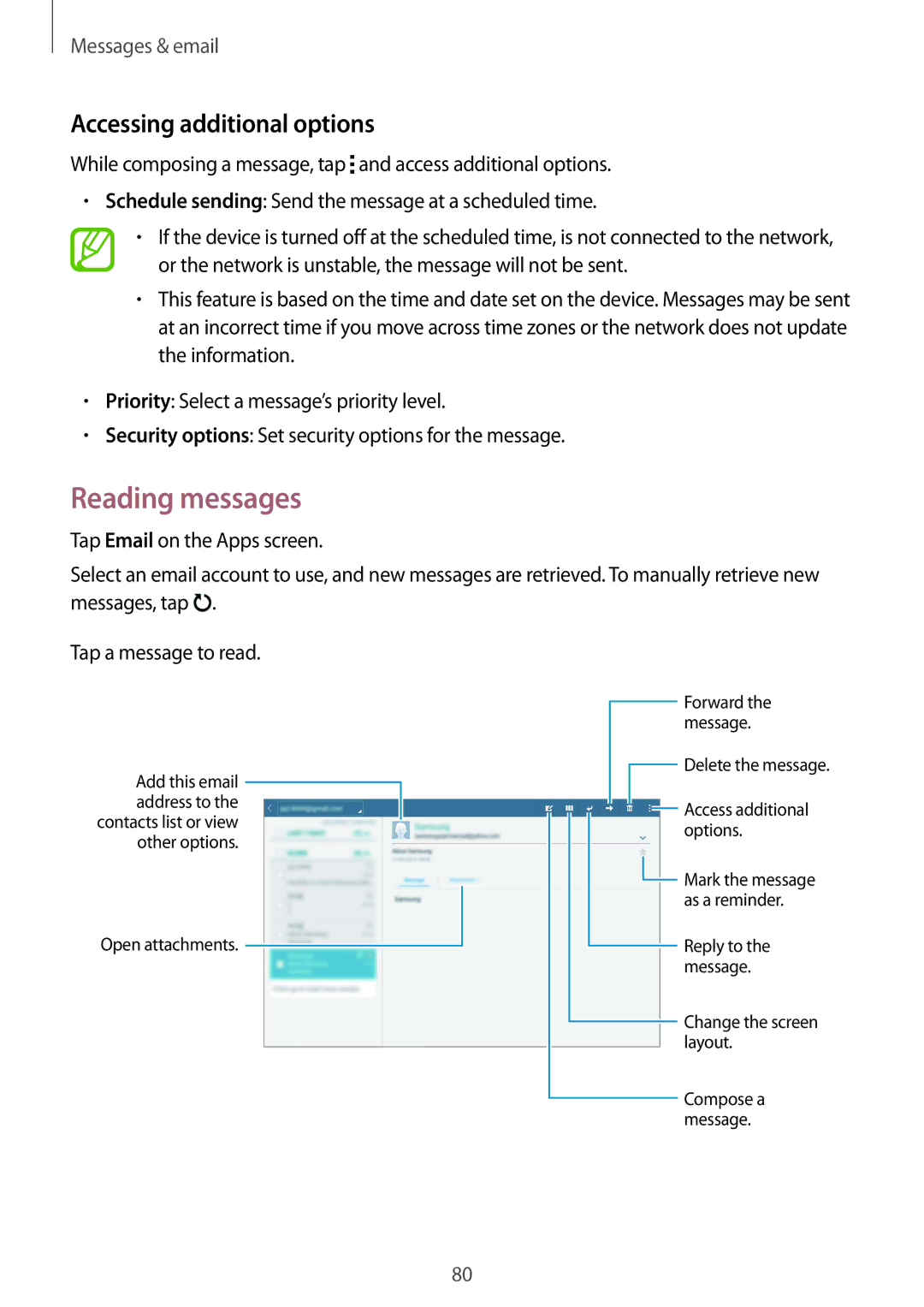 Samsung SM-T805NZWADBT, SM-T805NZWAXEO, SM-T805NZWAATO, SM-T805NTSAATO manual Reading messages, Accessing additional options 