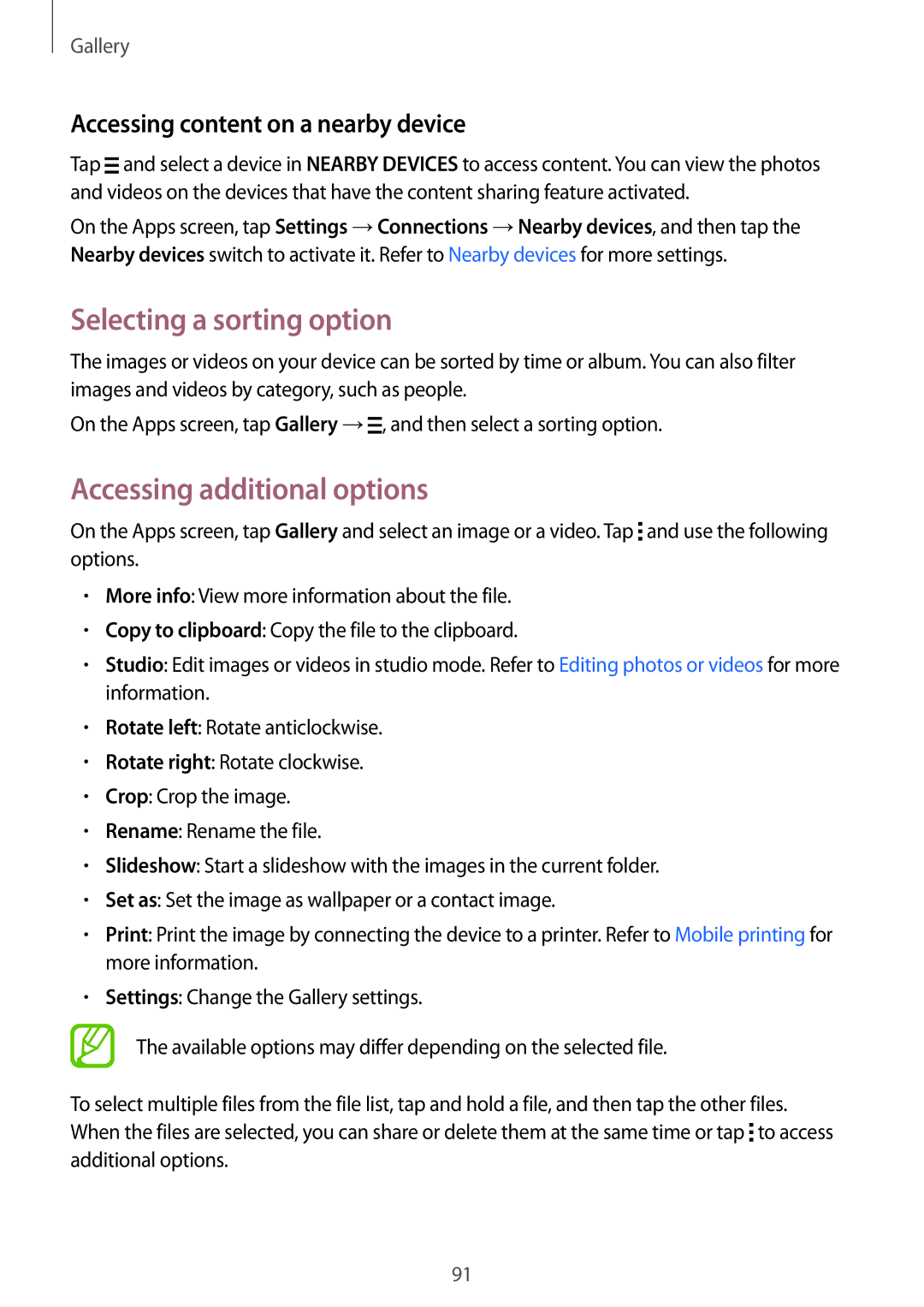 Samsung SM-T805NTSAXEF Selecting a sorting option, Accessing additional options, Accessing content on a nearby device 