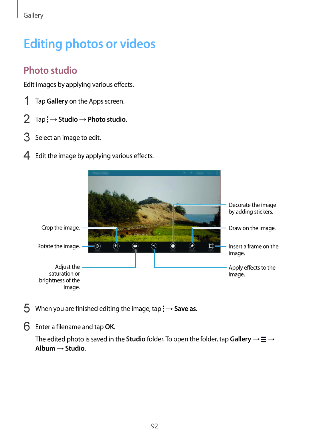 Samsung SM-T805NTSAITV, SM-T805NZWAXEO, SM-T805NZWAATO manual Tap →Studio →Photo studio, Select an image to edit 
