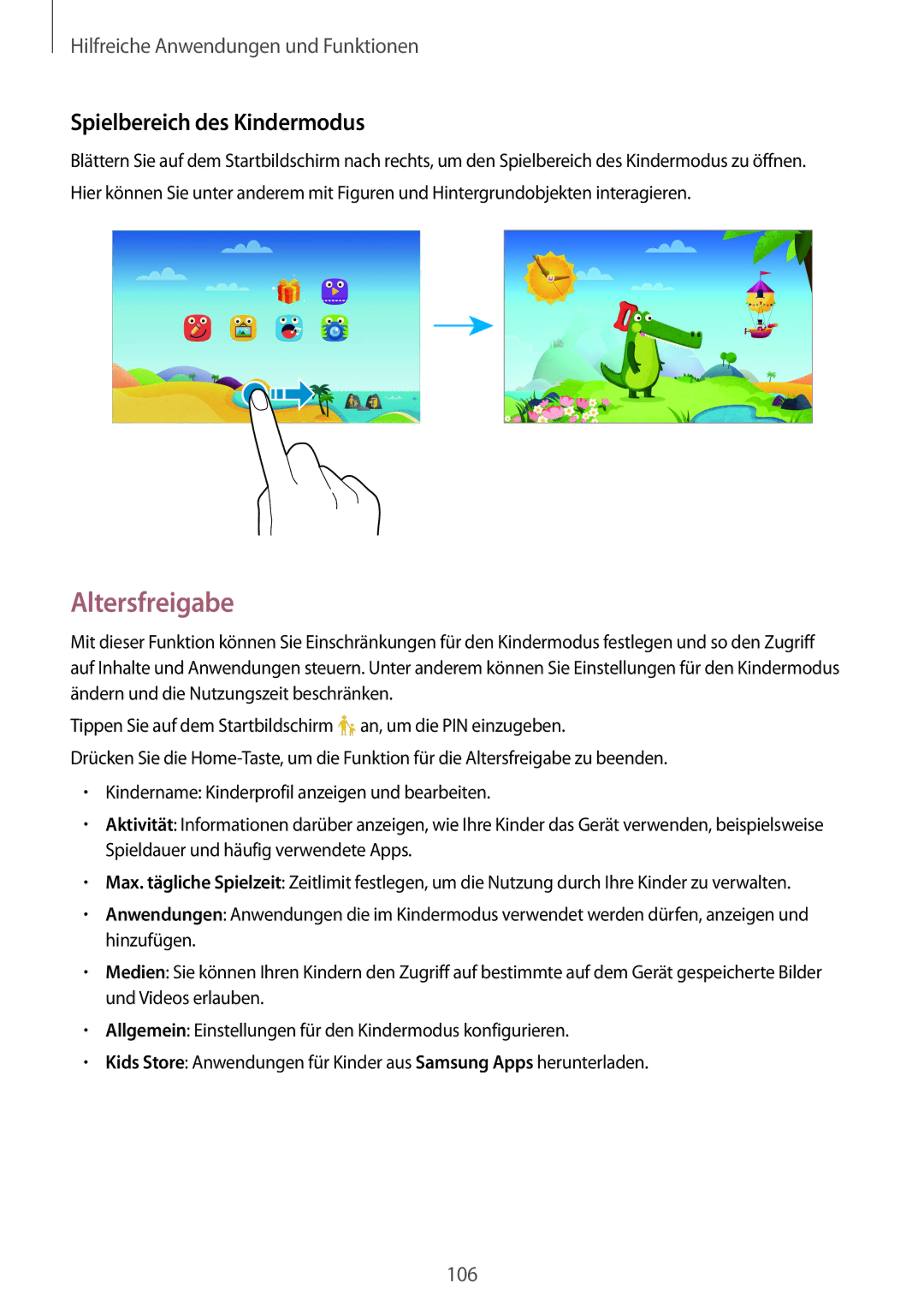 Samsung SM-T805NTSAATO, SM-T805NZWAXEO, SM-T805NZWAATO, SM-T805NZWADBT manual Altersfreigabe, Spielbereich des Kindermodus 