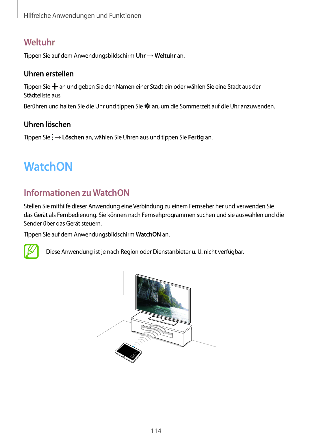 Samsung SM-T805NZWAEUR, SM-T805NZWAXEO manual Weltuhr, Informationen zu WatchON, Uhren erstellen, Uhren löschen 