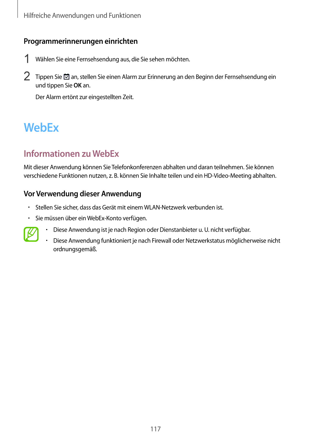 Samsung SM-T805NZWAXEO manual Informationen zu WebEx, Programmerinnerungen einrichten, Vor Verwendung dieser Anwendung 