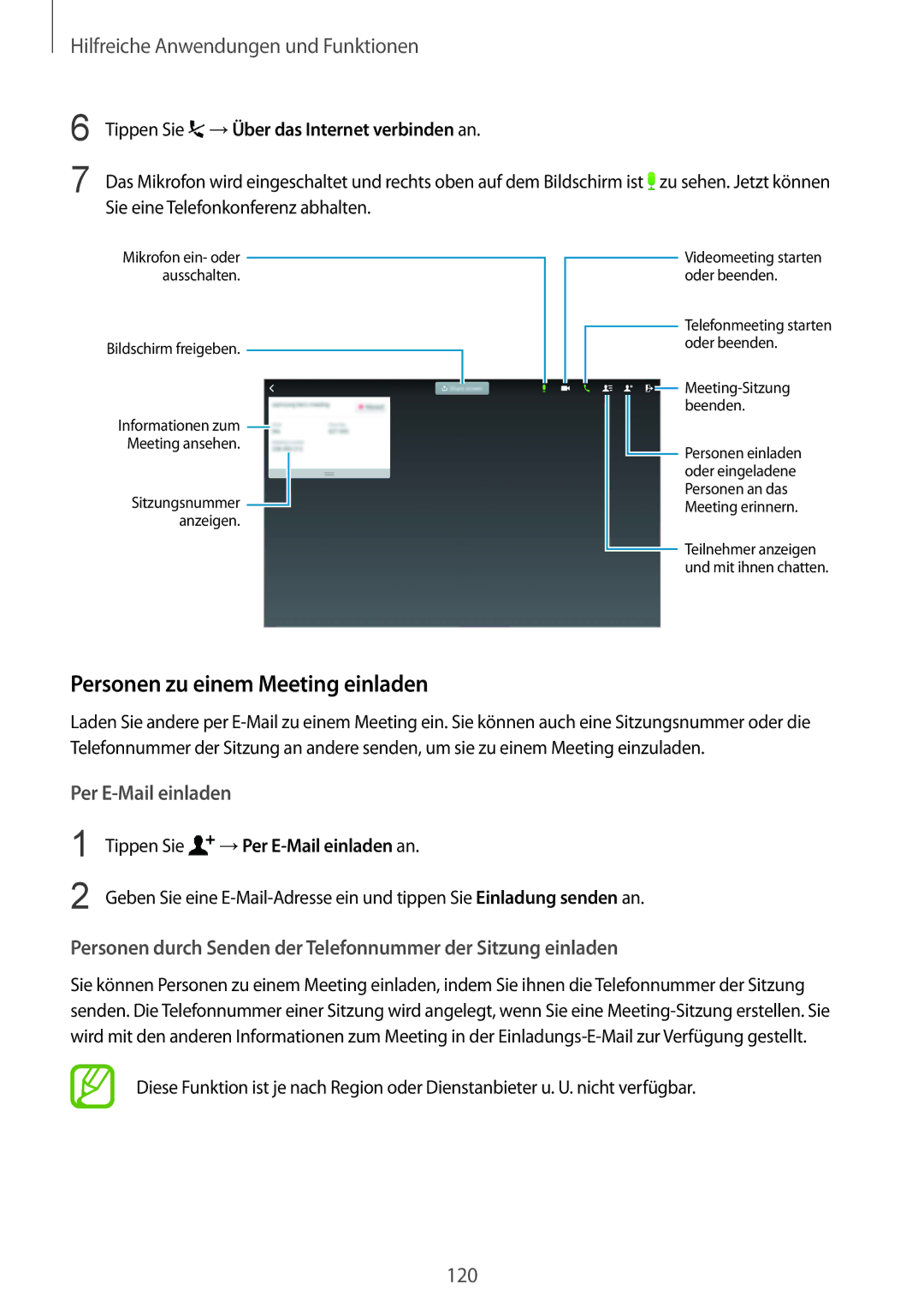 Samsung SM-T805NZWADBT, SM-T805NZWAXEO manual Personen zu einem Meeting einladen, Tippen Sie →Über das Internet verbinden an 