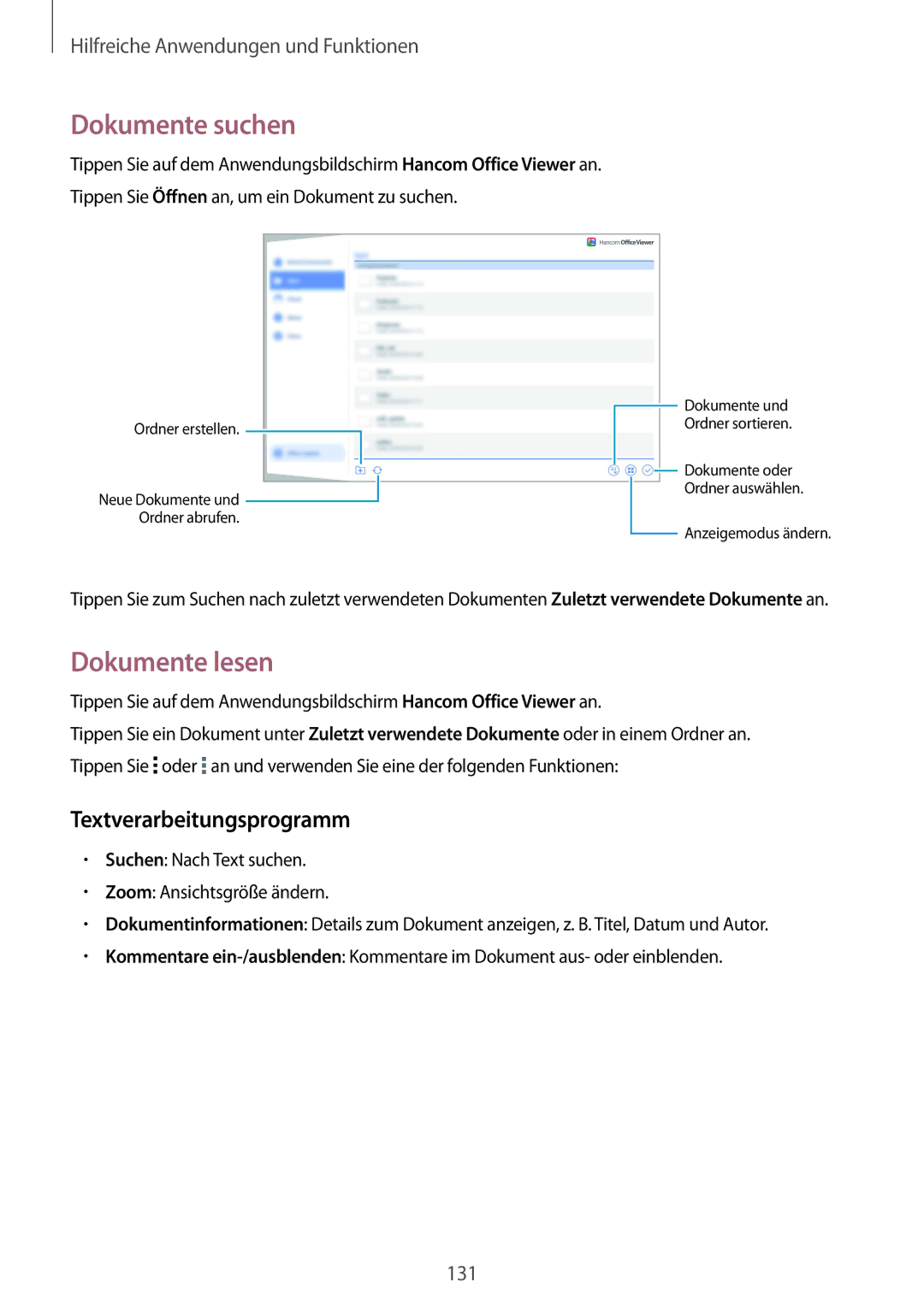 Samsung SM-T805NZWAATO, SM-T805NZWAXEO, SM-T805NTSAATO manual Dokumente suchen, Dokumente lesen, Textverarbeitungsprogramm 