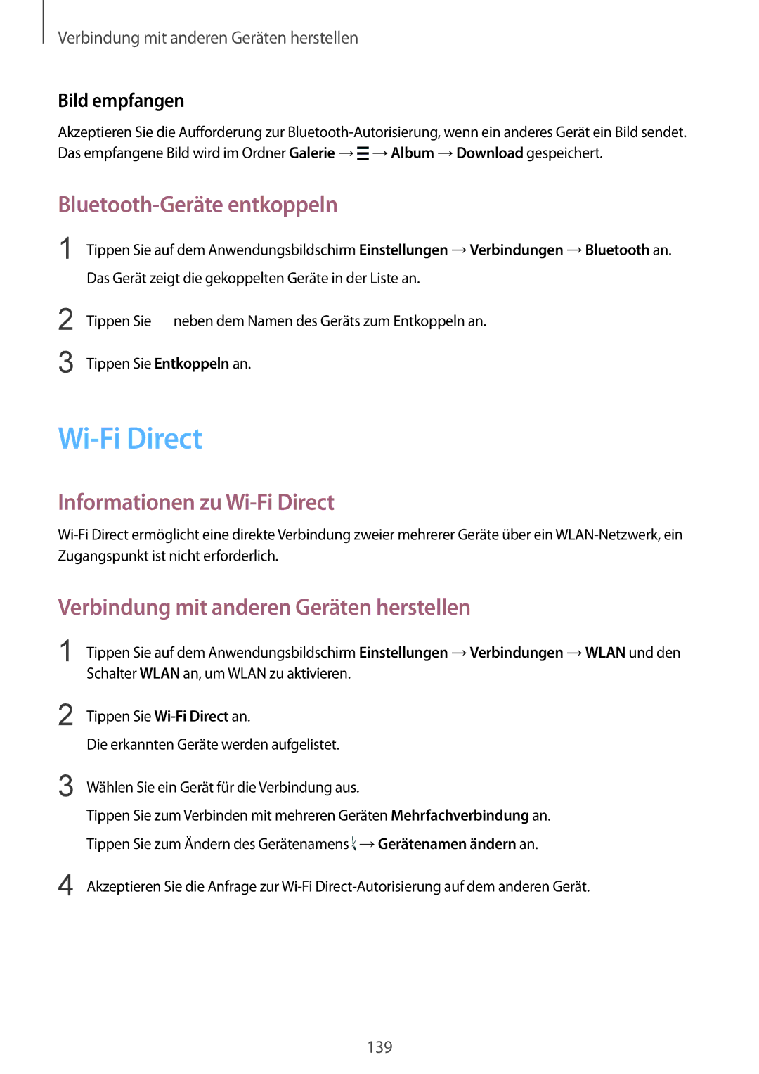 Samsung SM-T805NHAADBT, SM-T805NZWAXEO manual Bluetooth-Geräte entkoppeln, Informationen zu Wi-Fi Direct, Bild empfangen 