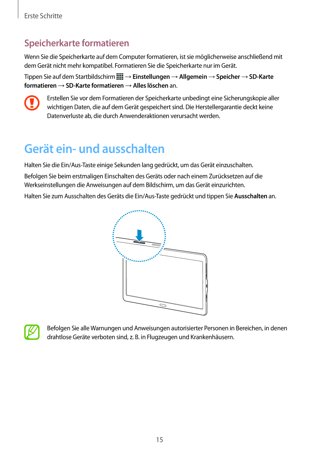 Samsung SM-T805NTSAATO, SM-T805NZWAXEO, SM-T805NZWAATO, SM-T805NZWADBT Gerät ein- und ausschalten, Speicherkarte formatieren 