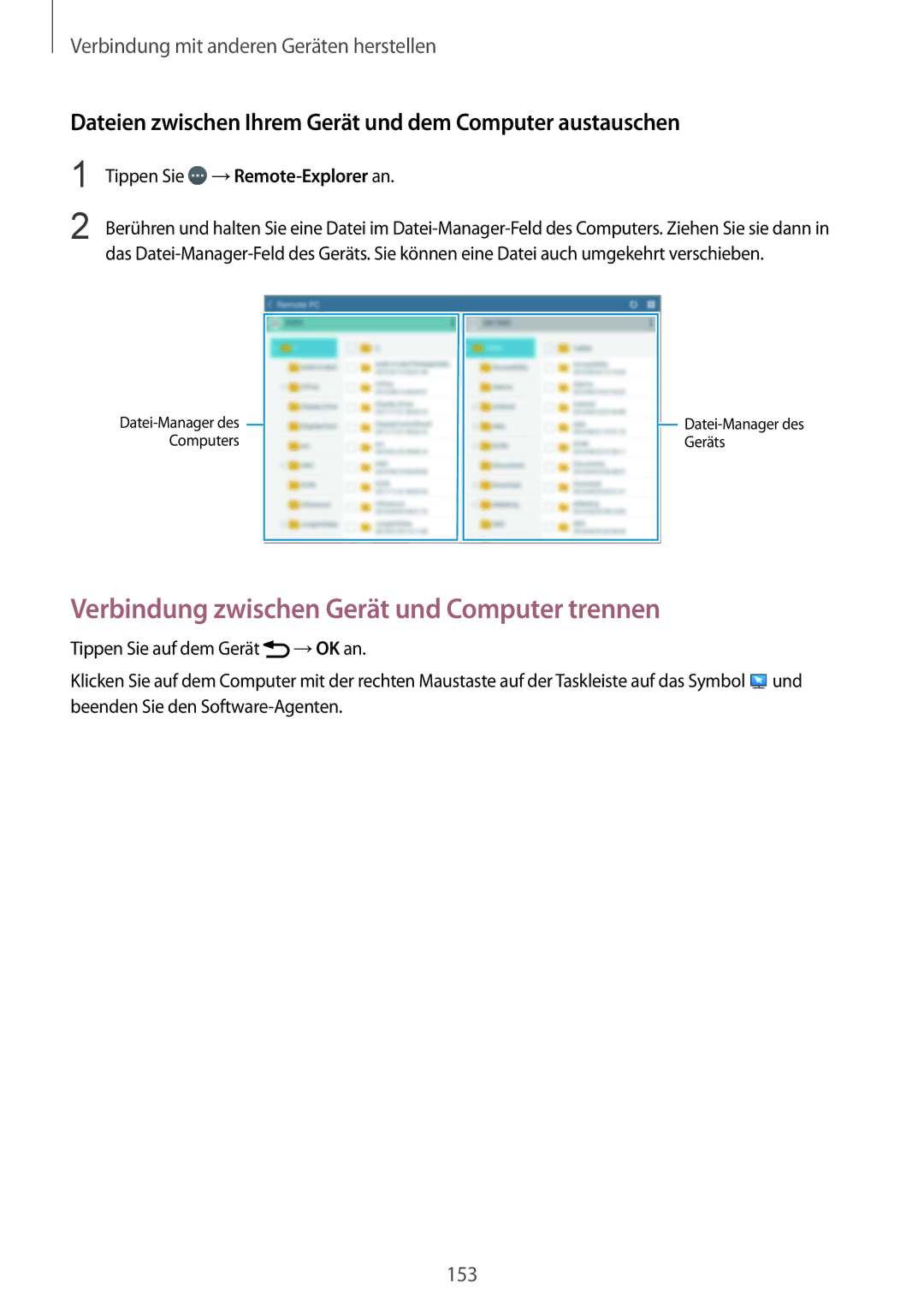 Samsung SM-T805NZWAEUR, SM-T805NZWAXEO manual Verbindung zwischen Gerät und Computer trennen, Tippen Sie →Remote-Explorer an 