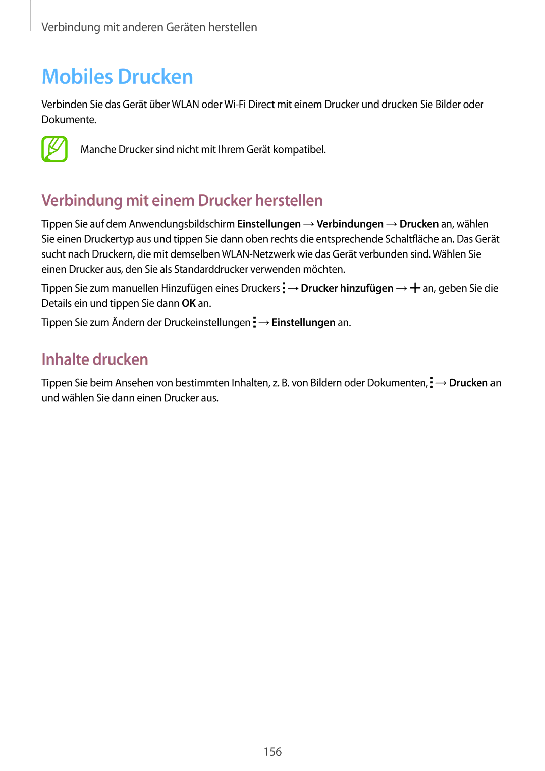 Samsung SM-T805NZWAXEO, SM-T805NZWAATO manual Mobiles Drucken, Verbindung mit einem Drucker herstellen, Inhalte drucken 