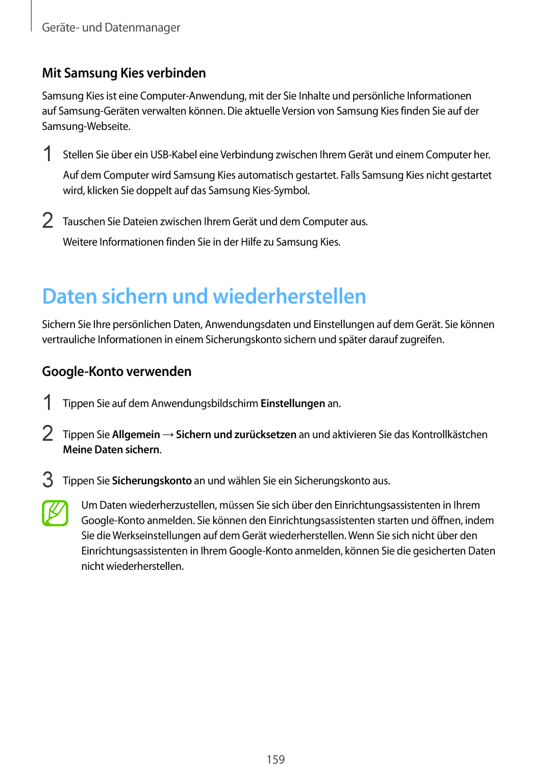 Samsung SM-T805NZWADBT manual Daten sichern und wiederherstellen, Mit Samsung Kies verbinden, Google-Konto verwenden 