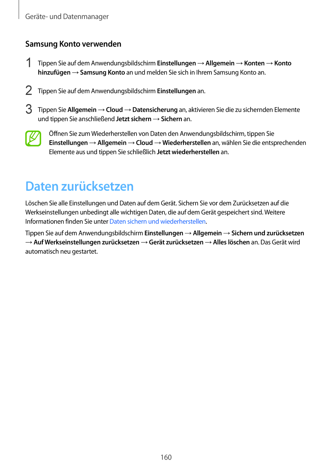 Samsung SM-T805NTSAVD2, SM-T805NZWAXEO, SM-T805NZWAATO, SM-T805NTSAATO manual Daten zurücksetzen, Samsung Konto verwenden 