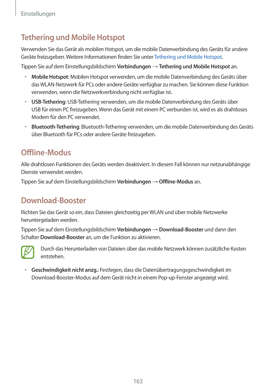 Samsung SM-T805NTSATPH, SM-T805NZWAXEO, SM-T805NZWAATO manual Tethering und Mobile Hotspot, Offline-Modus, Download-Booster 
