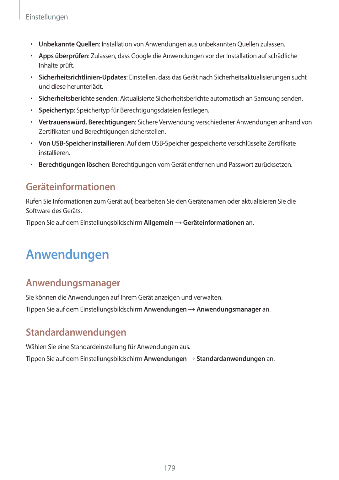 Samsung SM-T805NZWAEUR, SM-T805NZWAXEO manual Anwendungen, Geräteinformationen, Anwendungsmanager, Standardanwendungen 