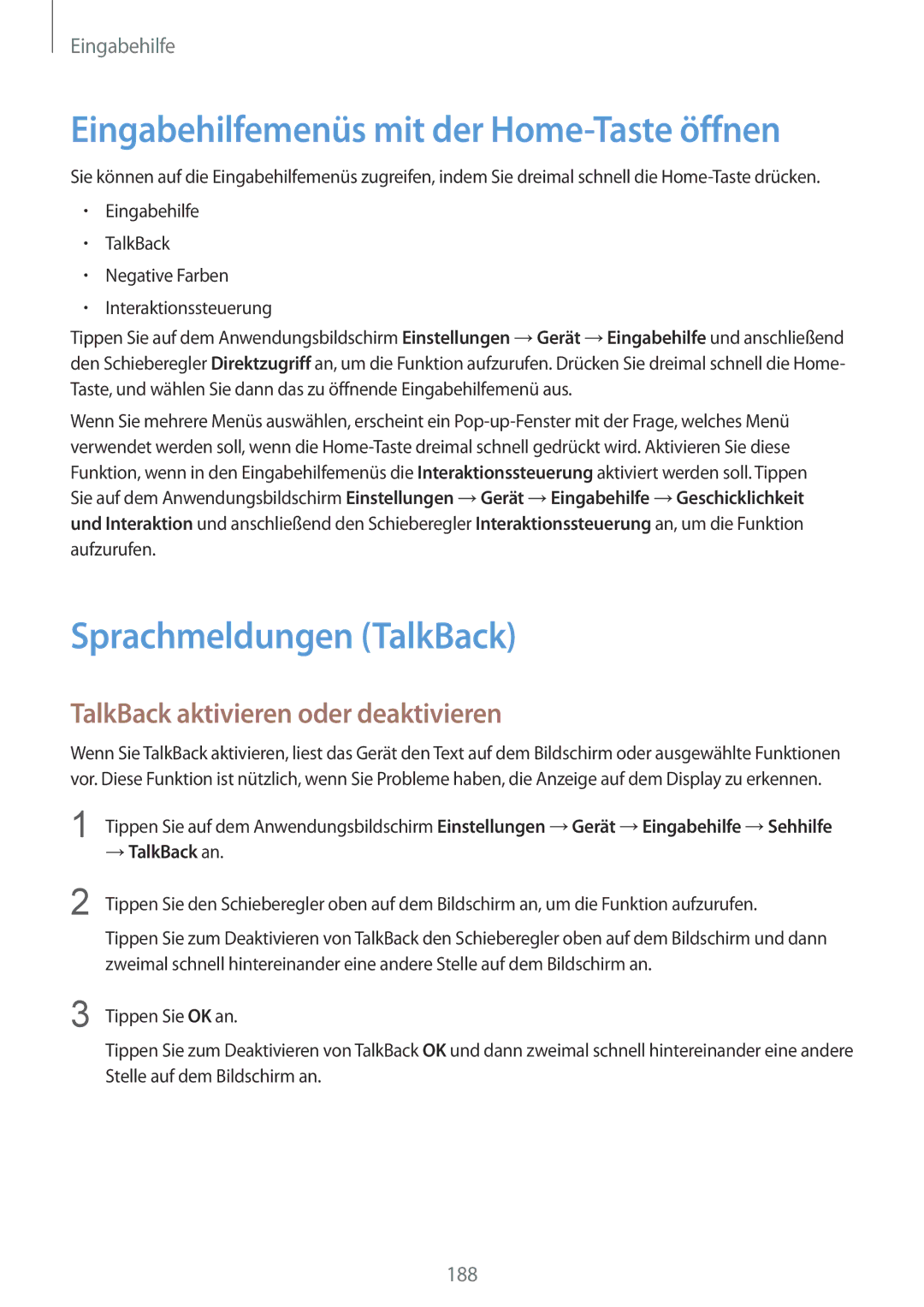 Samsung SM-T805NZWASEB manual Eingabehilfemenüs mit der Home-Taste öffnen, Sprachmeldungen TalkBack, → TalkBack an 