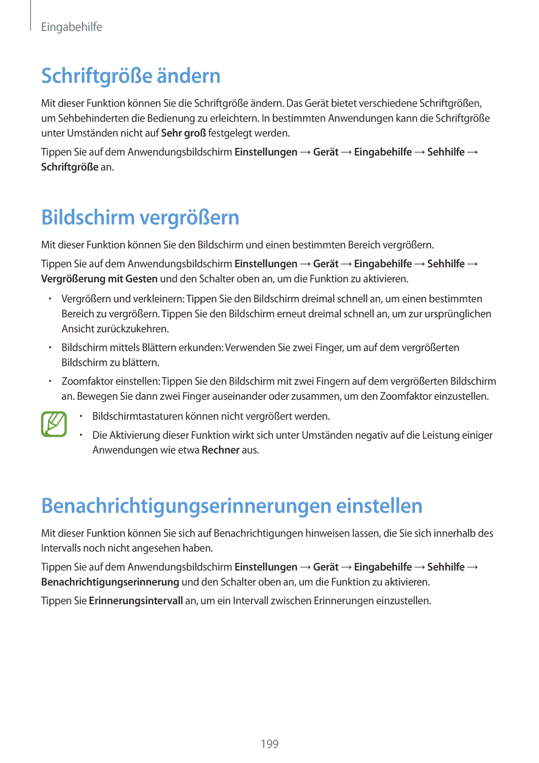 Samsung SM-T805NTSAVD2 manual Schriftgröße ändern, Bildschirm vergrößern, Benachrichtigungserinnerungen einstellen 