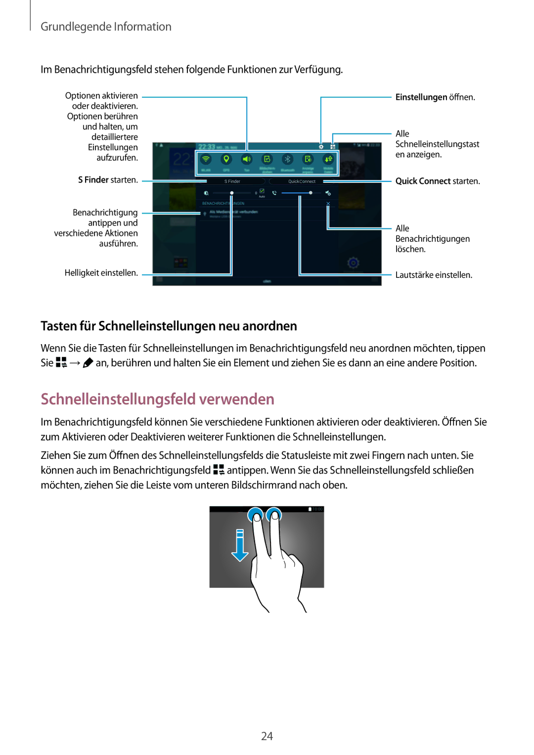 Samsung SM-T805NZWATPH, SM-T805NZWAXEO Schnelleinstellungsfeld verwenden, Tasten für Schnelleinstellungen neu anordnen 