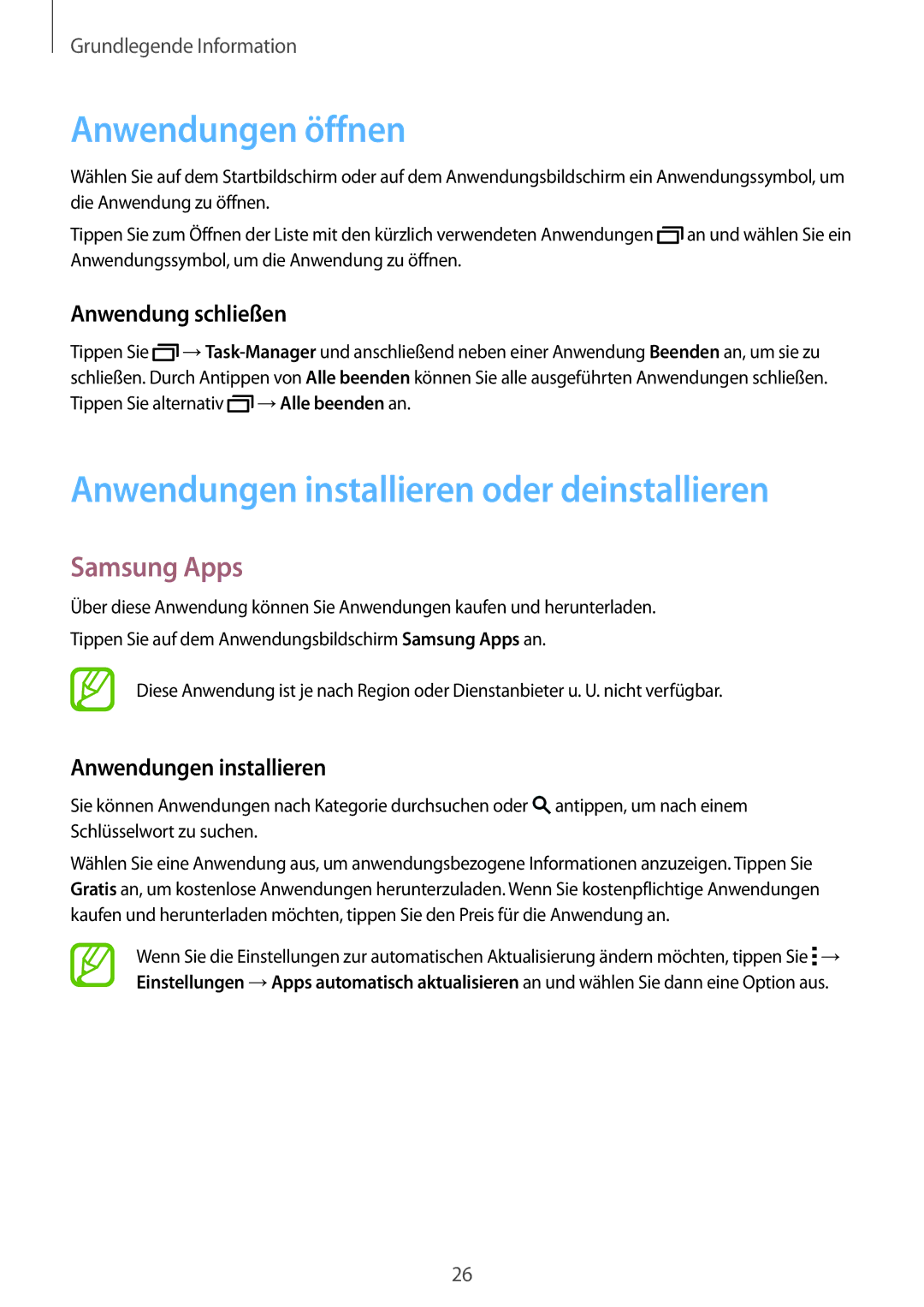 Samsung SM-T805NZWAXEO Anwendungen öffnen, Anwendungen installieren oder deinstallieren, Samsung Apps, Anwendung schließen 