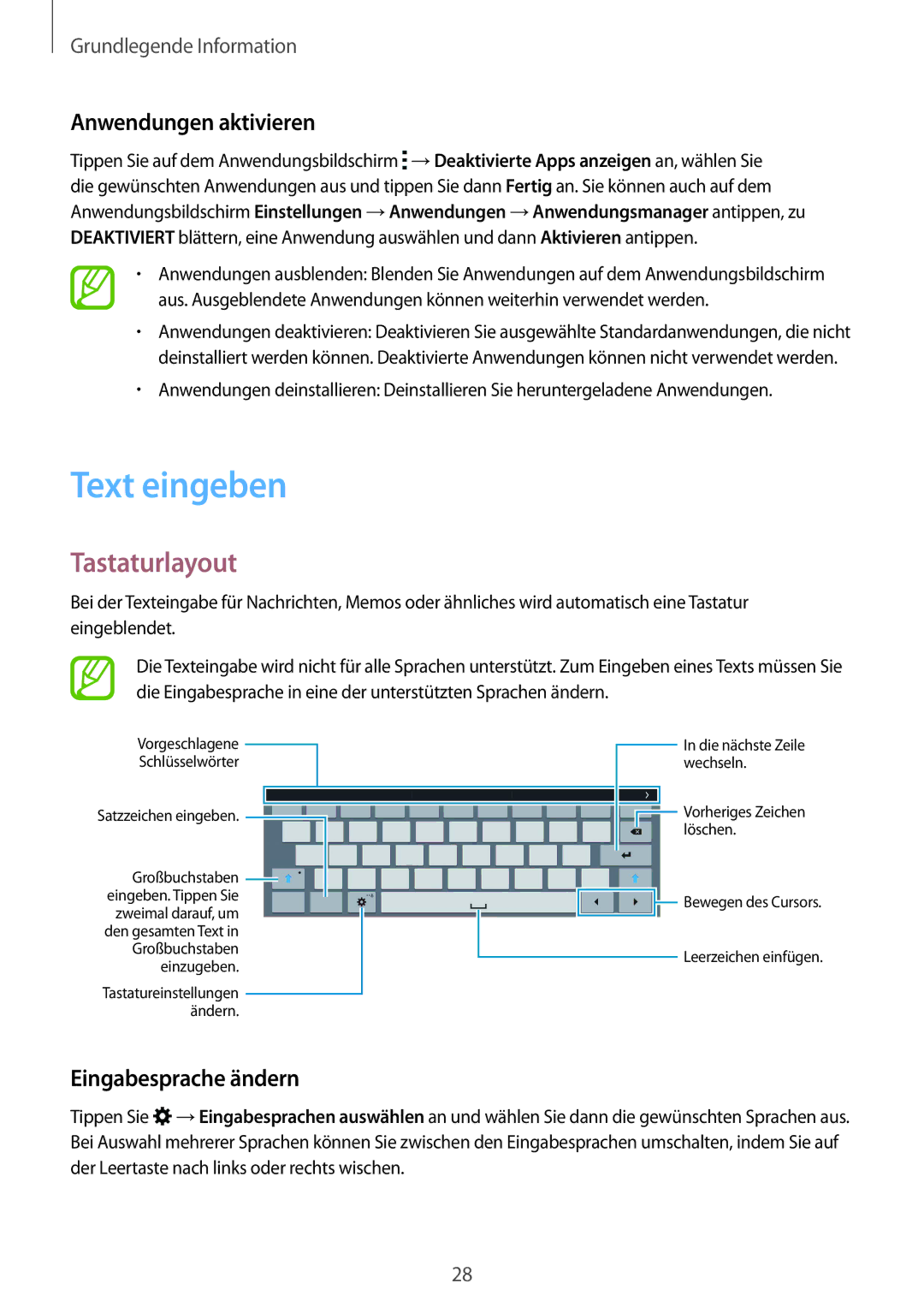 Samsung SM-T805NTSAATO, SM-T805NZWAXEO manual Text eingeben, Tastaturlayout, Anwendungen aktivieren, Eingabesprache ändern 