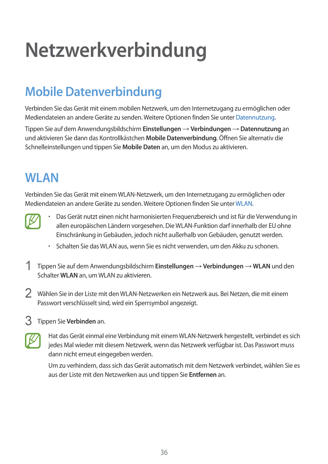 Samsung SM-T805NZWAEUR, SM-T805NZWAXEO, SM-T805NZWAATO, SM-T805NTSAATO manual Netzwerkverbindung, Mobile Datenverbindung 