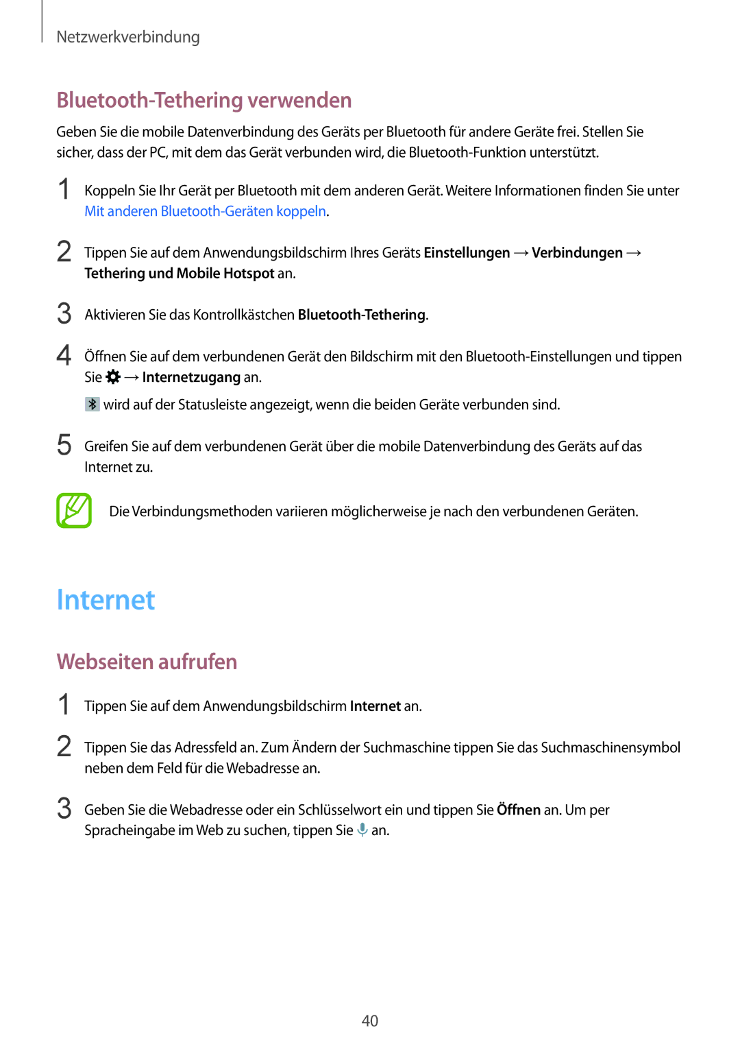 Samsung SM-T805NZWAATO manual Internet, Bluetooth-Tethering verwenden, Webseiten aufrufen, Tethering und Mobile Hotspot an 
