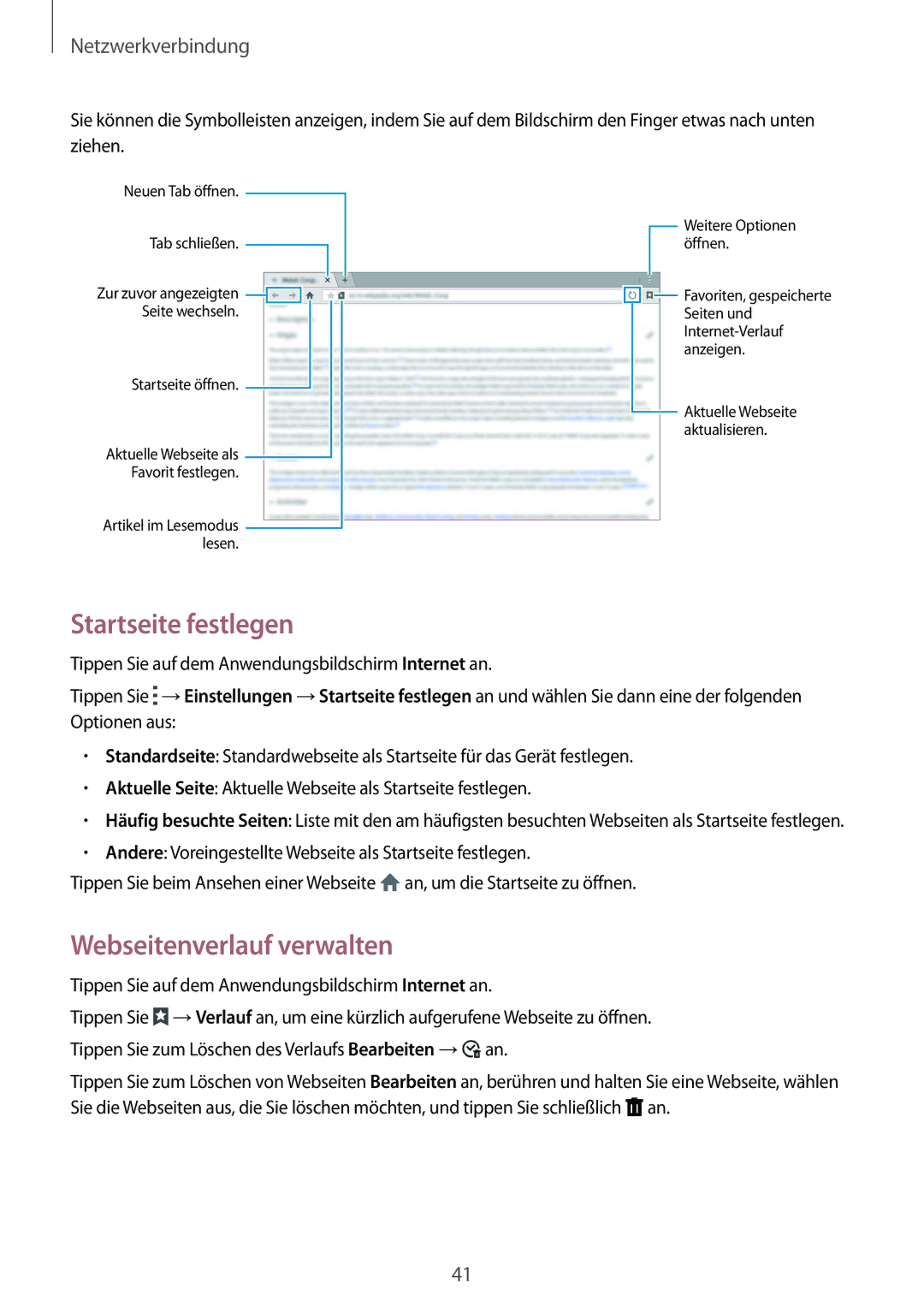 Samsung SM-T805NTSAATO, SM-T805NZWAXEO, SM-T805NZWAATO, SM-T805NZWADBT manual Startseite festlegen, Webseitenverlauf verwalten 