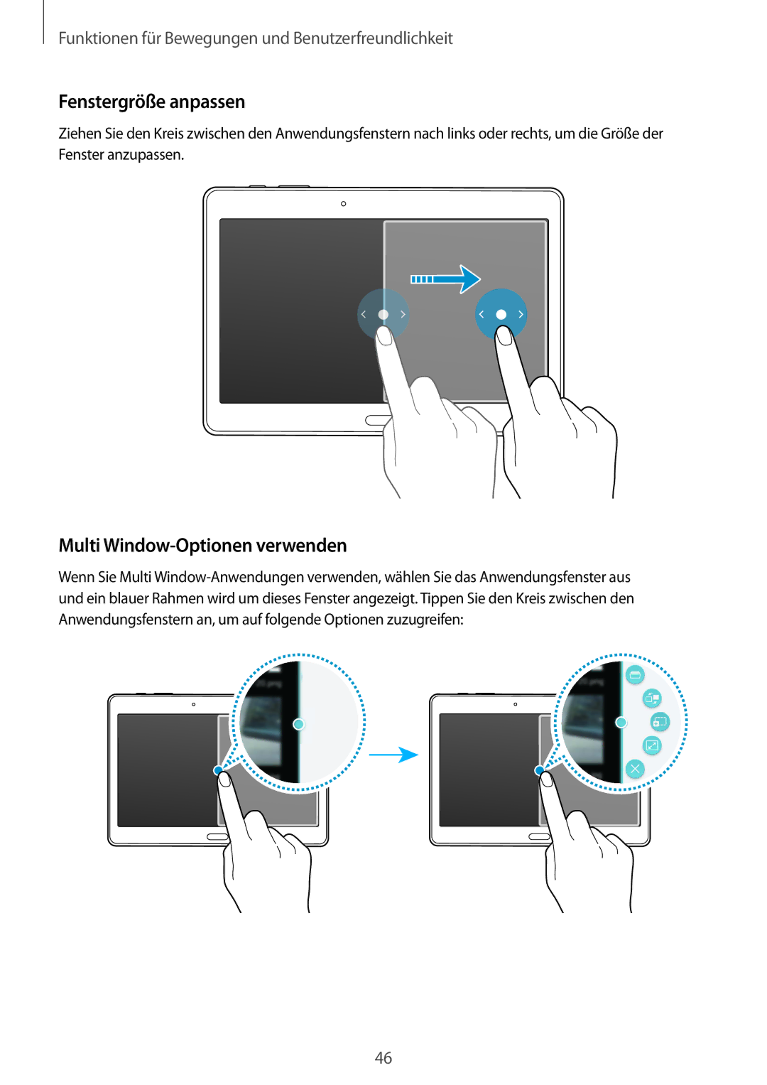 Samsung SM-T805NTSATPH, SM-T805NZWAXEO, SM-T805NZWAATO manual Fenstergröße anpassen, Multi Window-Optionen verwenden 