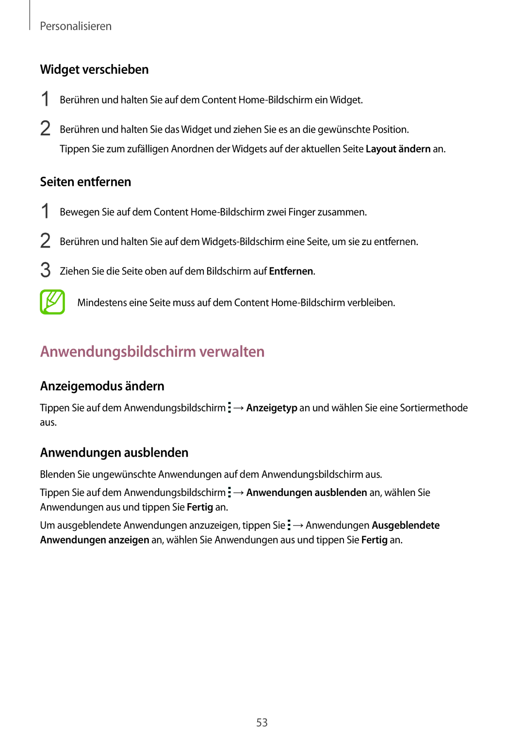 Samsung SM-T805NZWAATO manual Anwendungsbildschirm verwalten, Widget verschieben, Seiten entfernen, Anzeigemodus ändern 