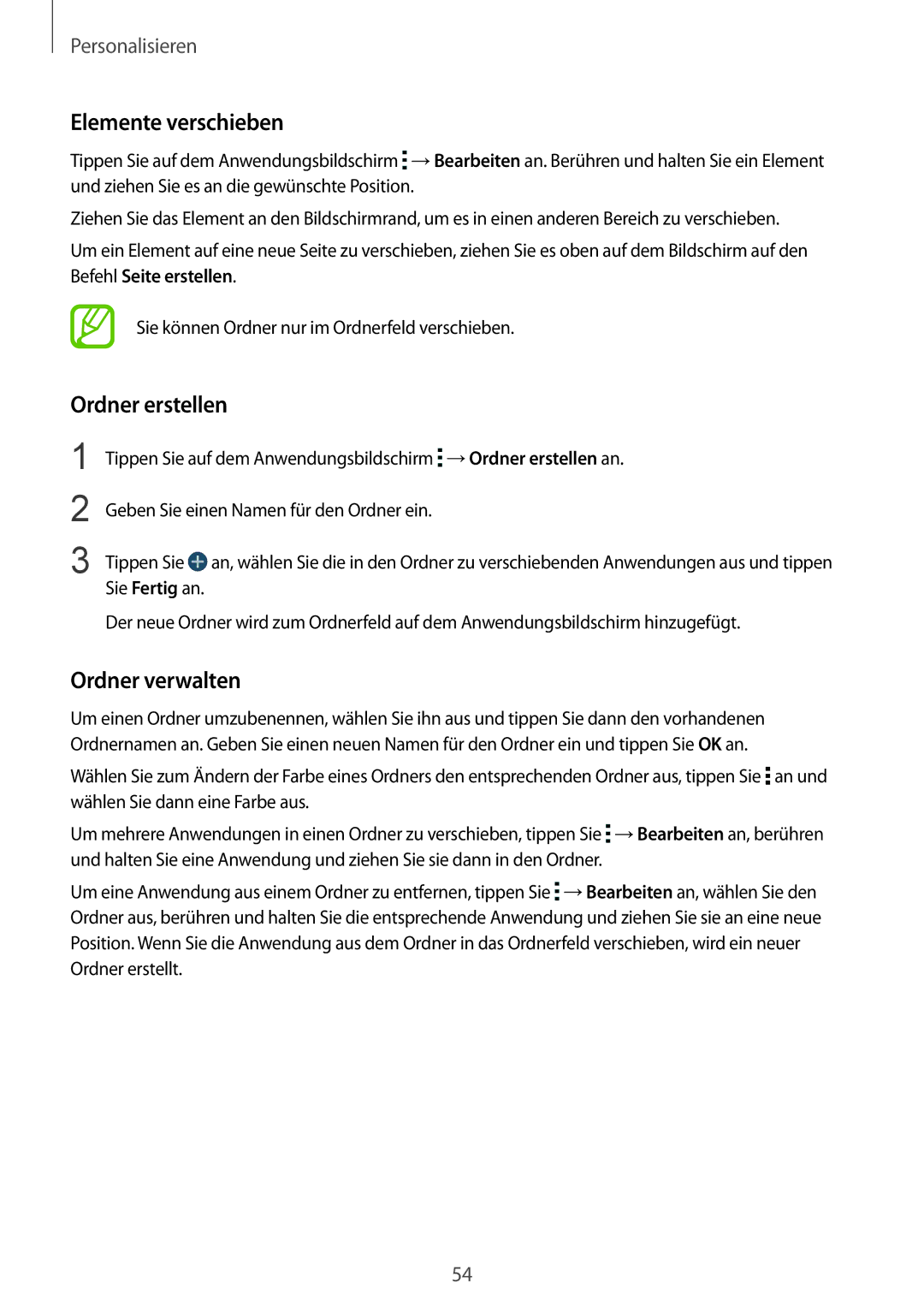 Samsung SM-T805NTSAATO, SM-T805NZWAXEO, SM-T805NZWAATO, SM-T805NZWADBT, SM-T805NTSAVD2 Elemente verschieben, Ordner erstellen 